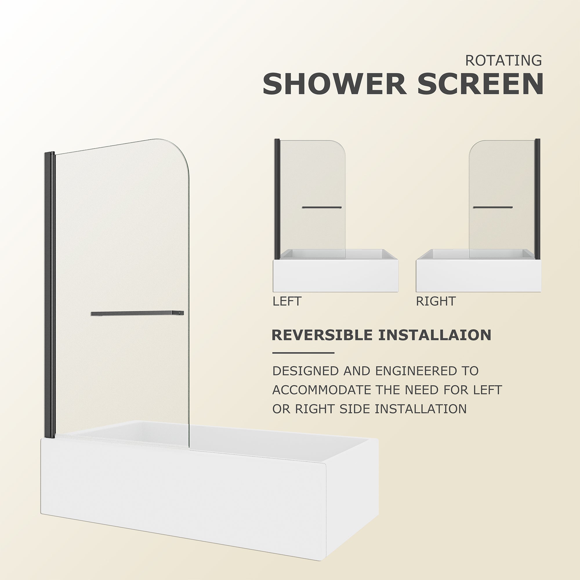Matte black pivot hinge and frame detail for bathtub screen