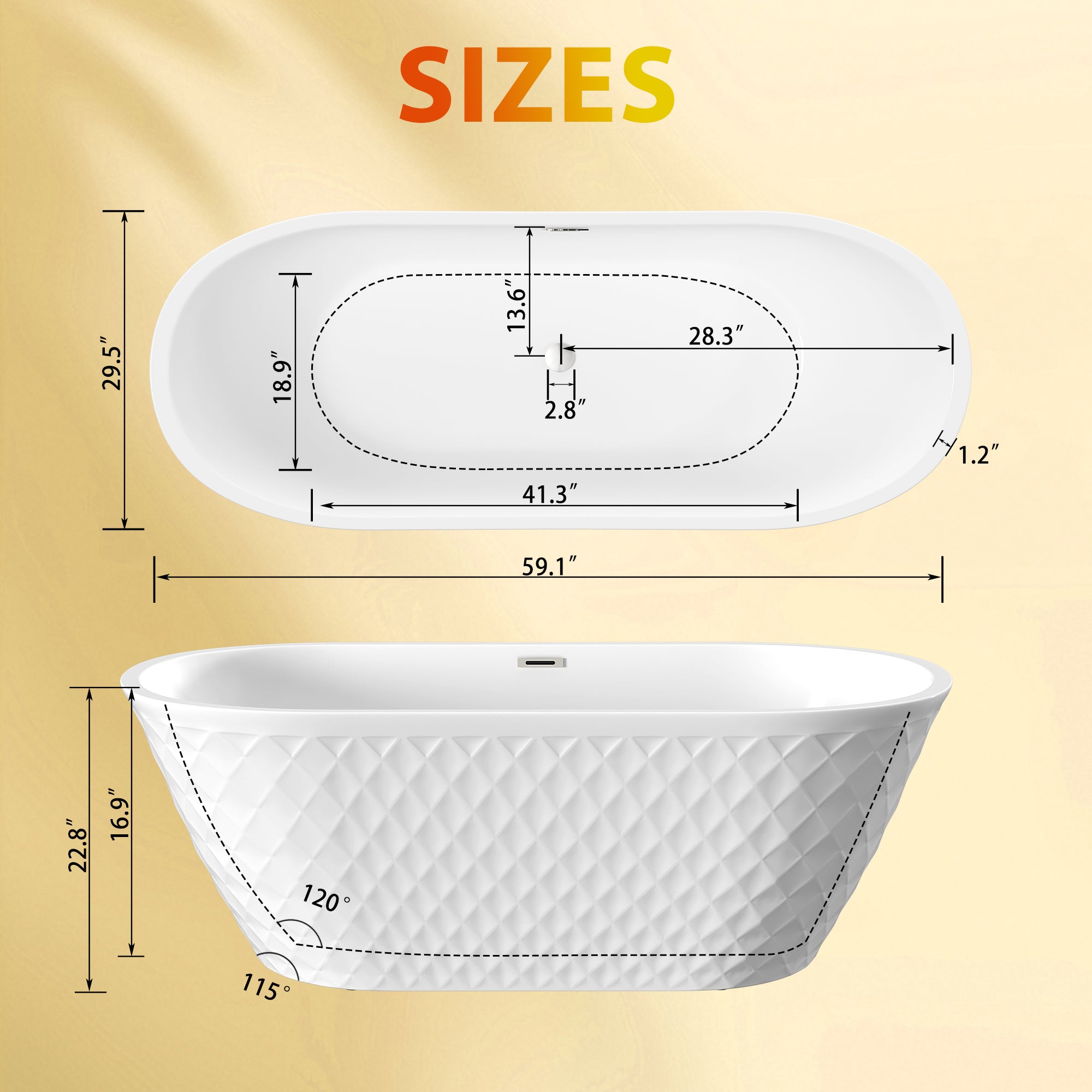 Diamond pattern oval freestanding tub, gloss white acrylic, detail view