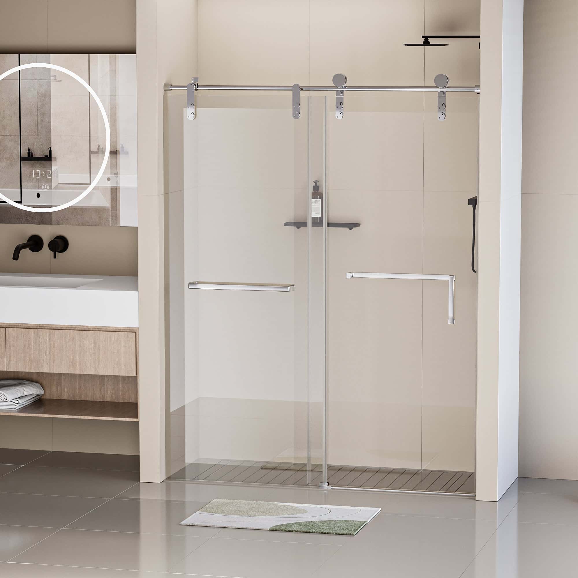 56-60"W x 76"H Frameless Shower Door, Single Sliding Shower Door, 5/16" (8mm) Clear Tempered Glass Shower Door Explosion-Proof Film, Stainless Steel Hardware, Chrome 24D210-60C-COMBO