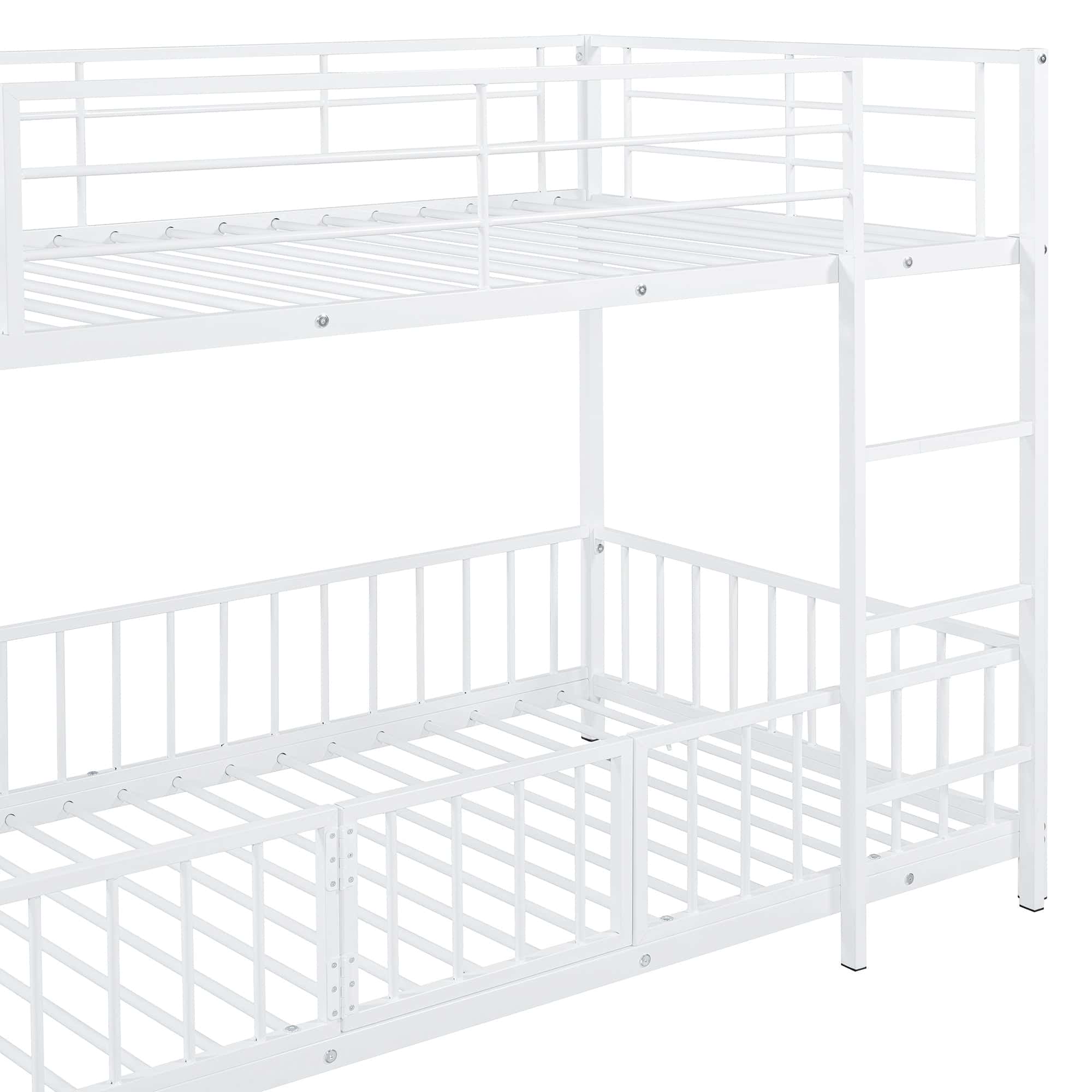 Twin over Twin Size Metal Bunk Bed with Slide and Guardrails, White