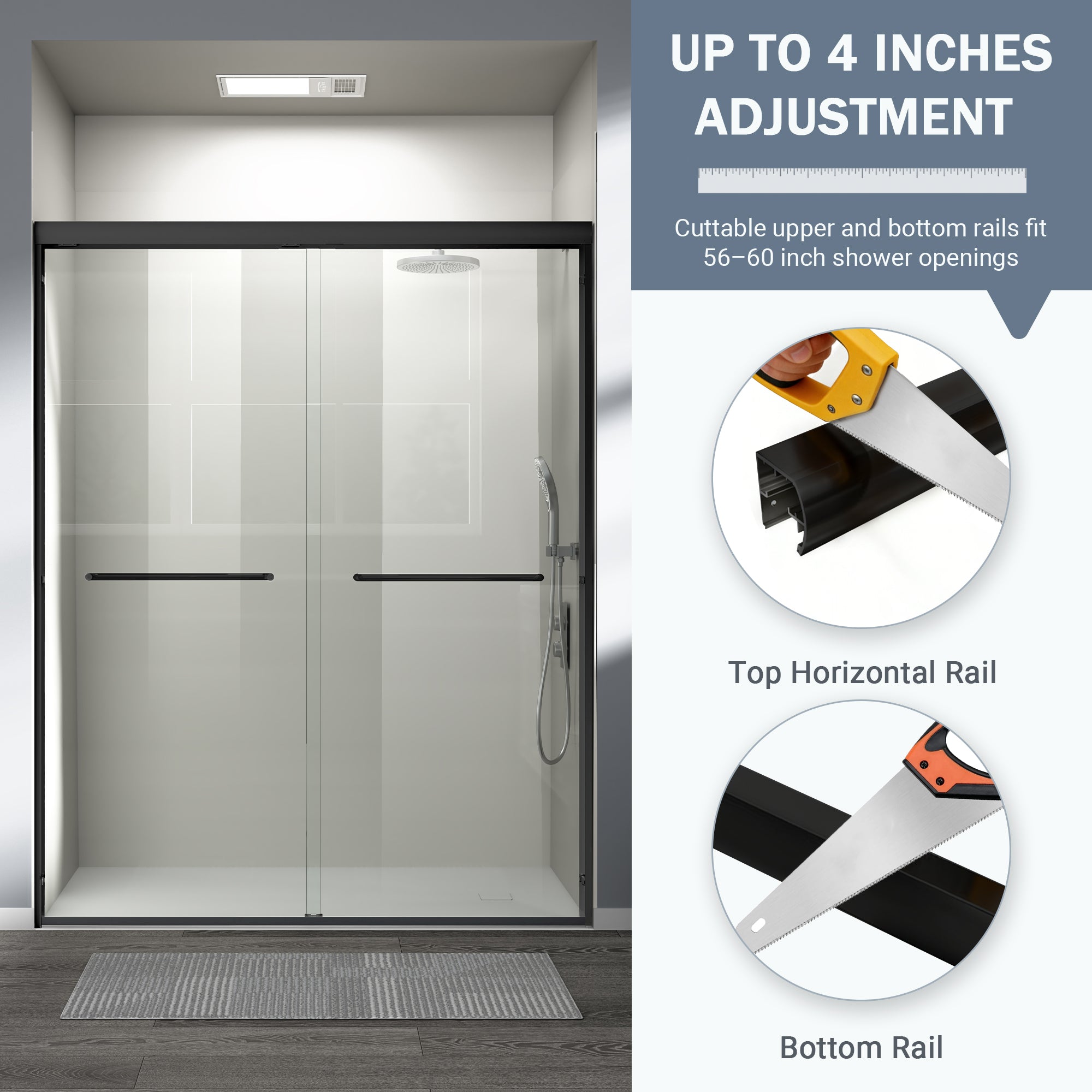 56-60 x 72 in Semi-Frameless Double Sliding Shower Door - 56-60 x 72 in / Matte Black view 4