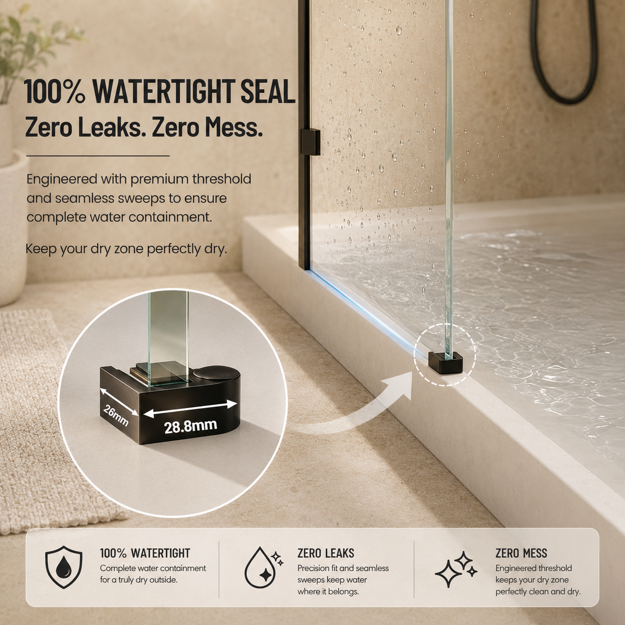 Frameless fixed shower panel 36 x 76 in matte black bathroom scene view