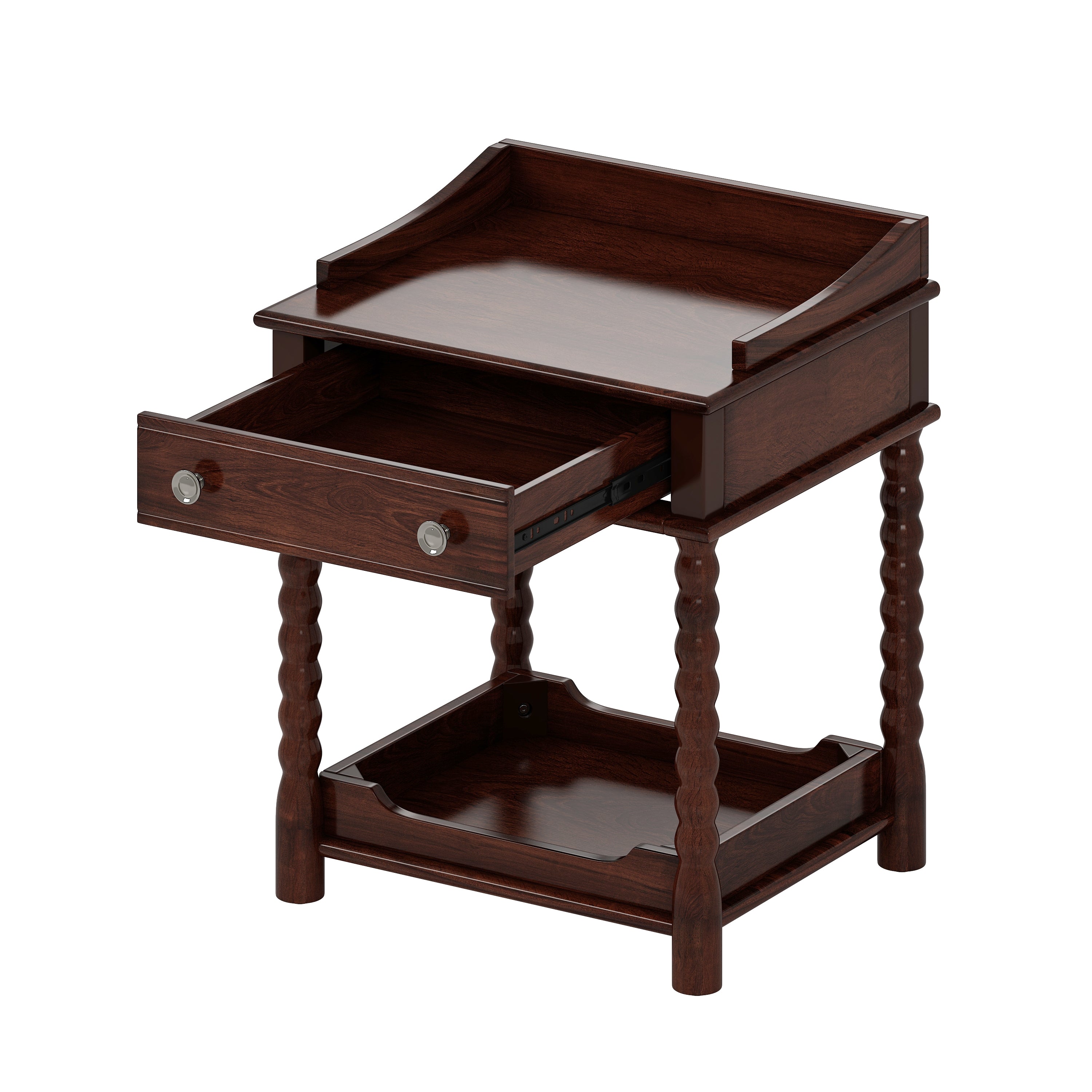 Walnut nightstand metal drawer handle, close-up detail