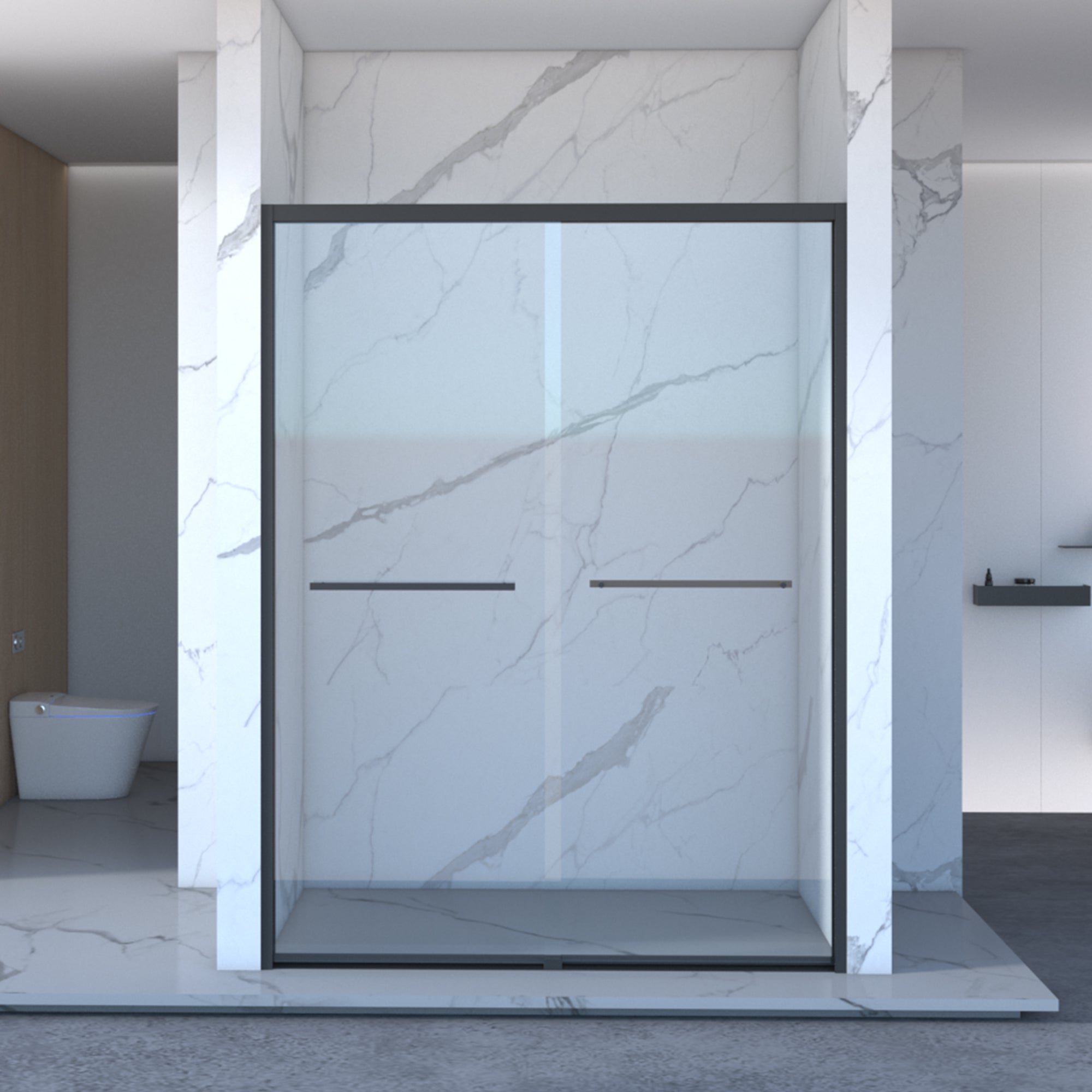 Matte black sliding shower door installed view