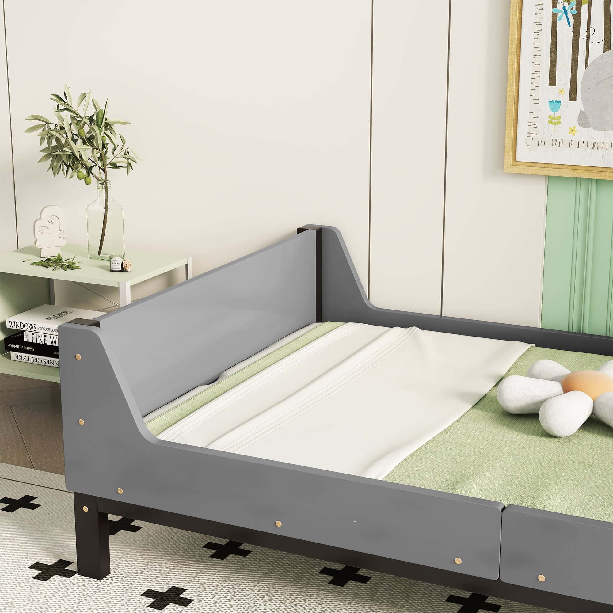 Twin Bed with Headboard, Footboard, Safeguards,  Built-in Bed-end Book Storage Rack ,Grey