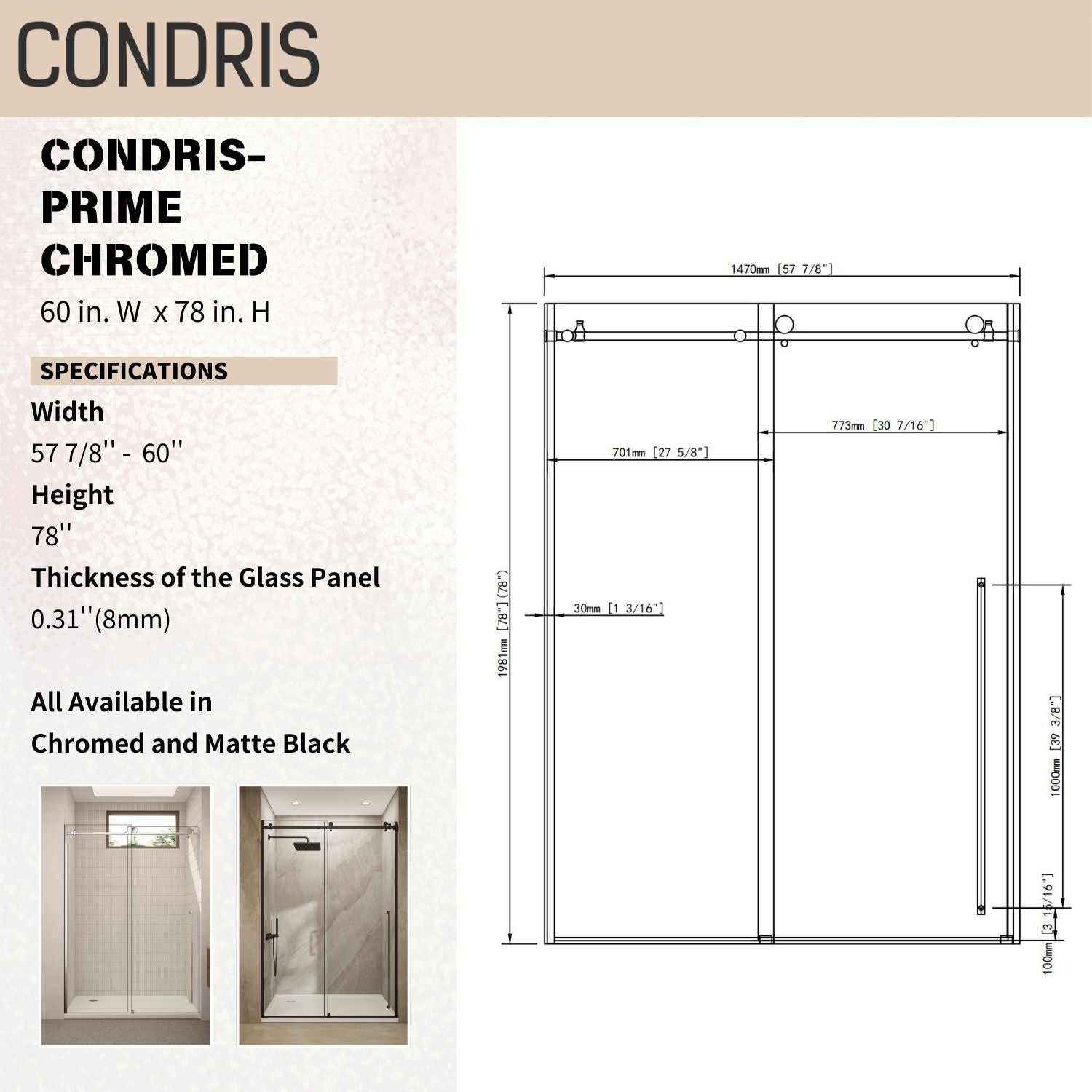 60 x 78 in Chrome Double Bypass Sliding Shower Door - 60 x 78 in / Chrome view 4