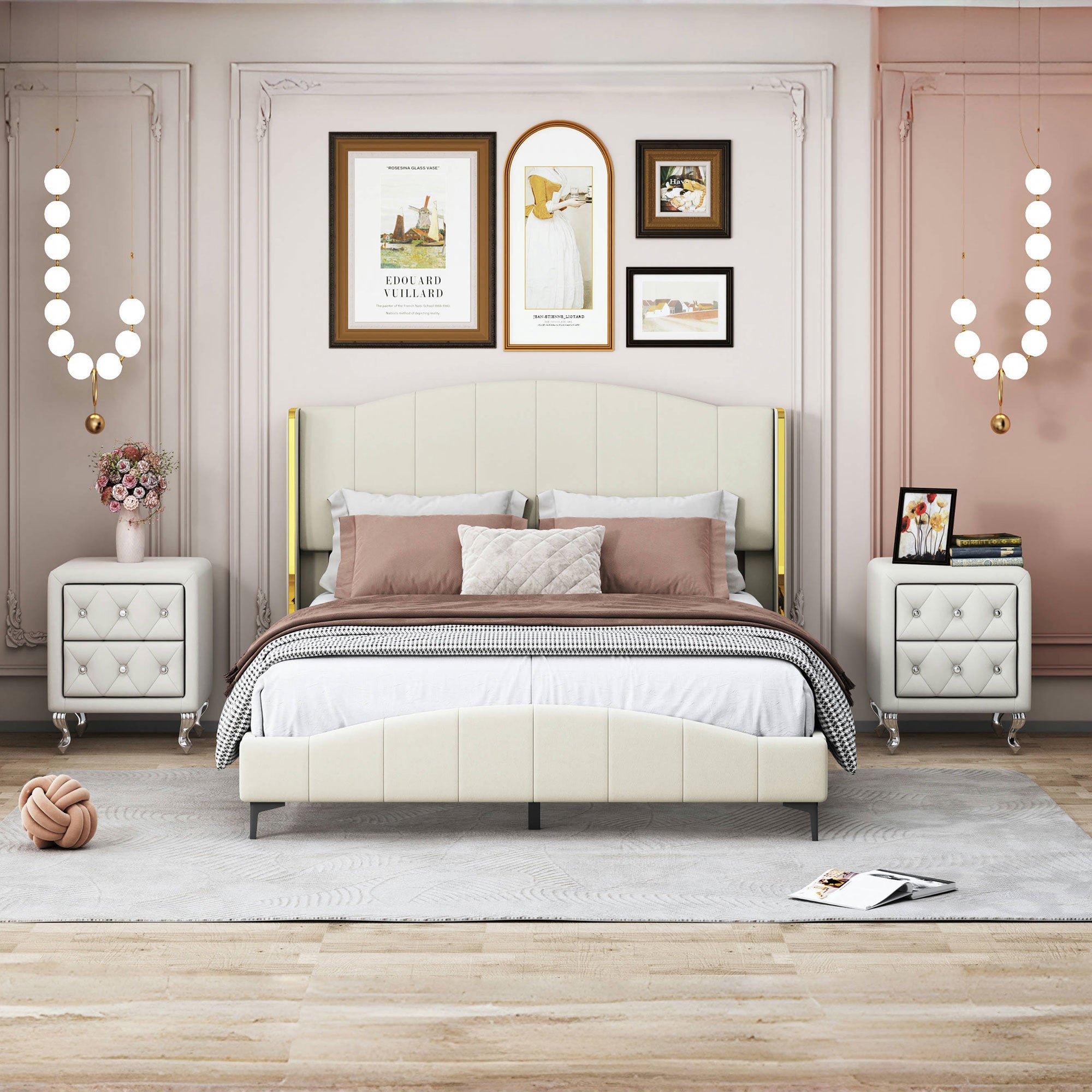 3 Pieces Bedroom Set with Queen Size PU Leather Upholstered Platform Bed and Elegant PU Nightstand with 2 Drawers , Beige