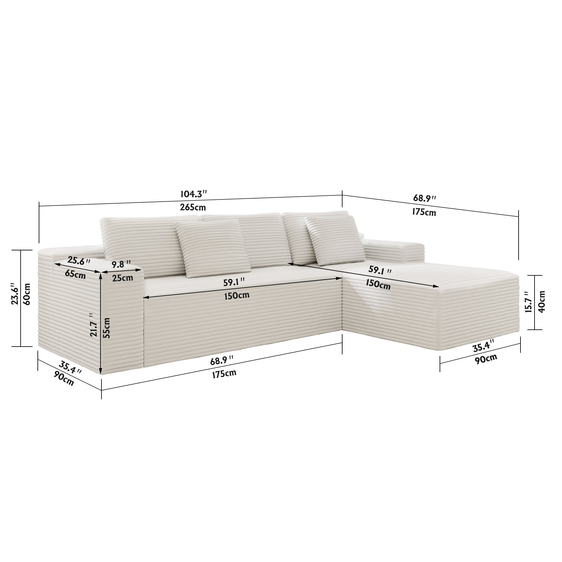 White corduroy modular sectional sofa plush fabric detail