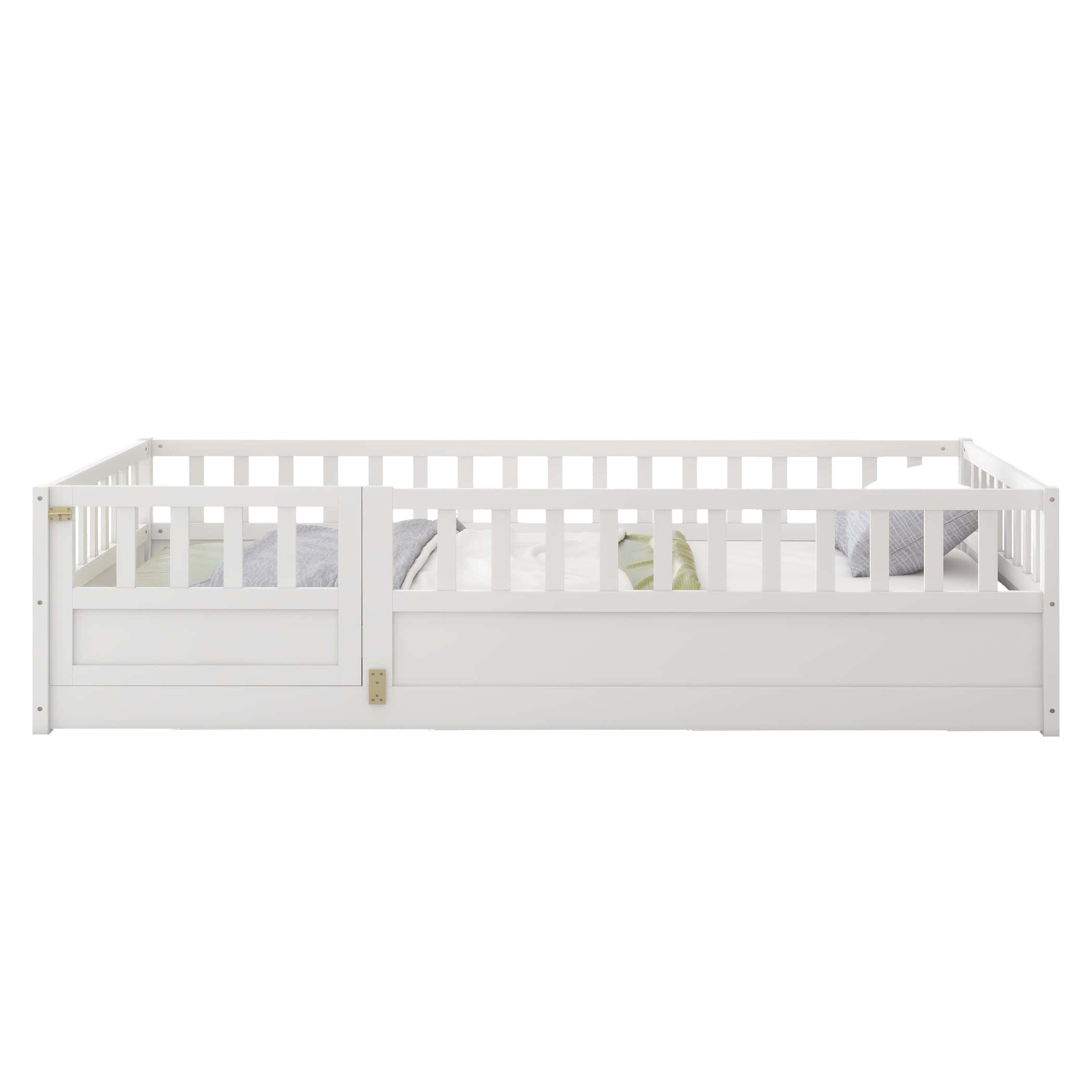 Twin Size Floor bed, integral construction with super high security barrier, door, children's floor bed frame, Montessori wooden children's floor bed, white
