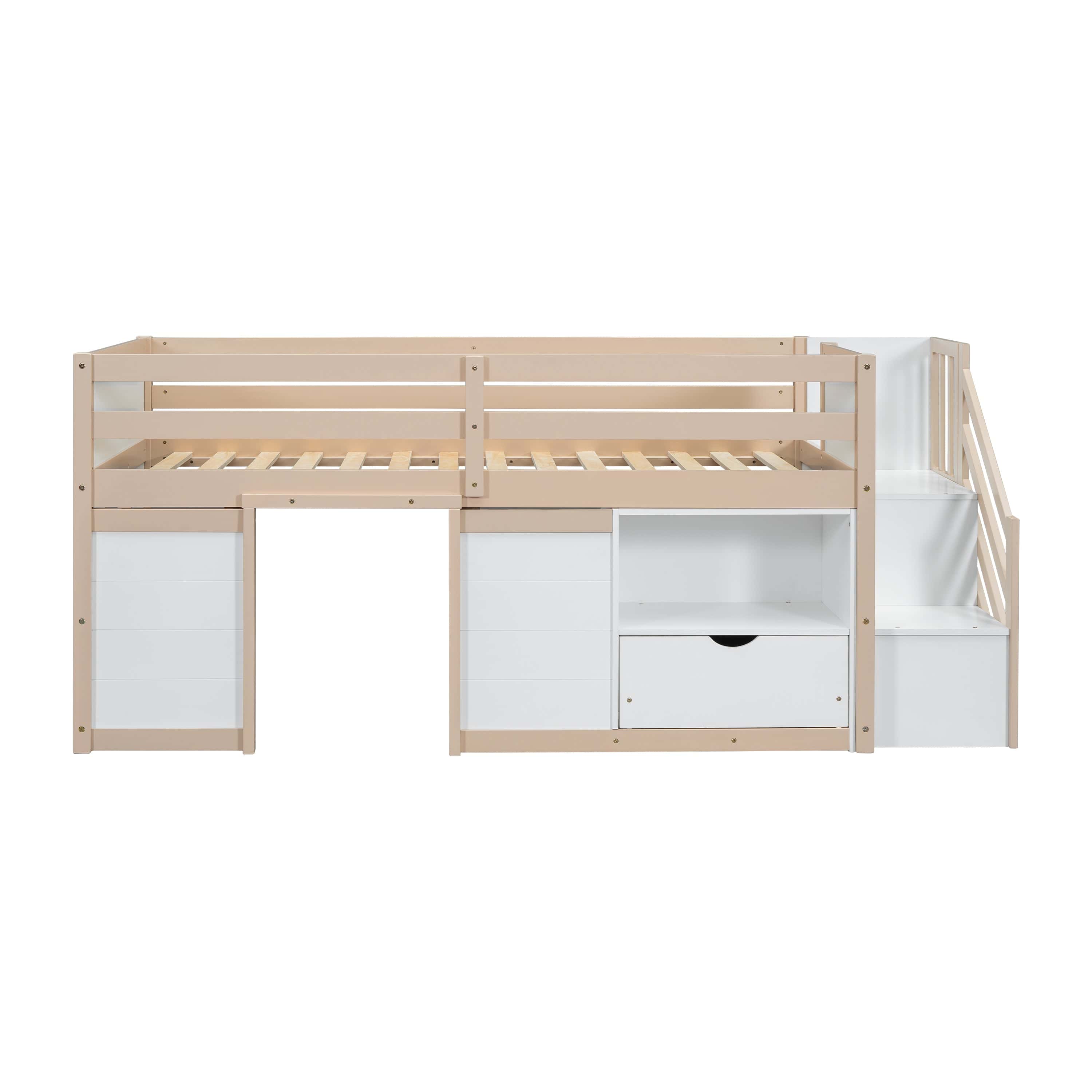 SOLID WOOD TWIN SIZE LOW LOFT BED WITH STAIR, DRAWER, AND SHELF FOR CREAM + WHITE COLOR
