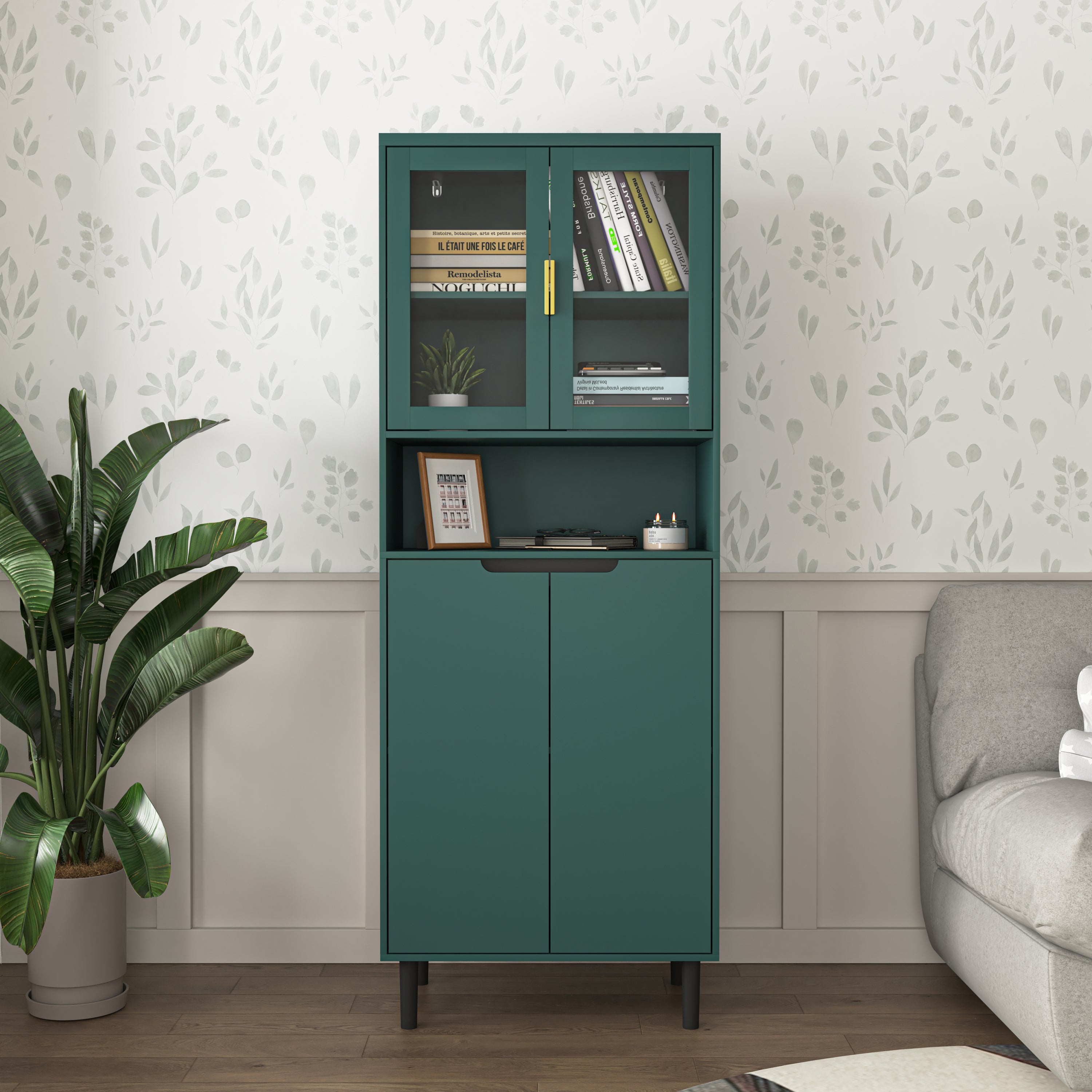 Tempered Glass Door Tall Storage Bookcase with adjustable board, 4 doors MDF painting finished cabinet, Green, Living room Bedroom storage