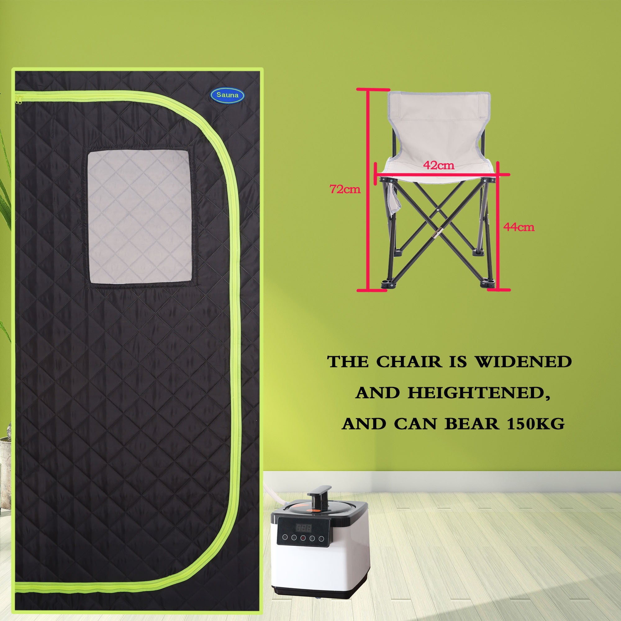 Portable Plus Type Full Size Steam Sauna tent. Spa, Detox ,Therapy and Relaxation at home.Larger Space,Stainless Steel Pipes Connector Easy to Install, with FCC Certification--Black(Green binding)