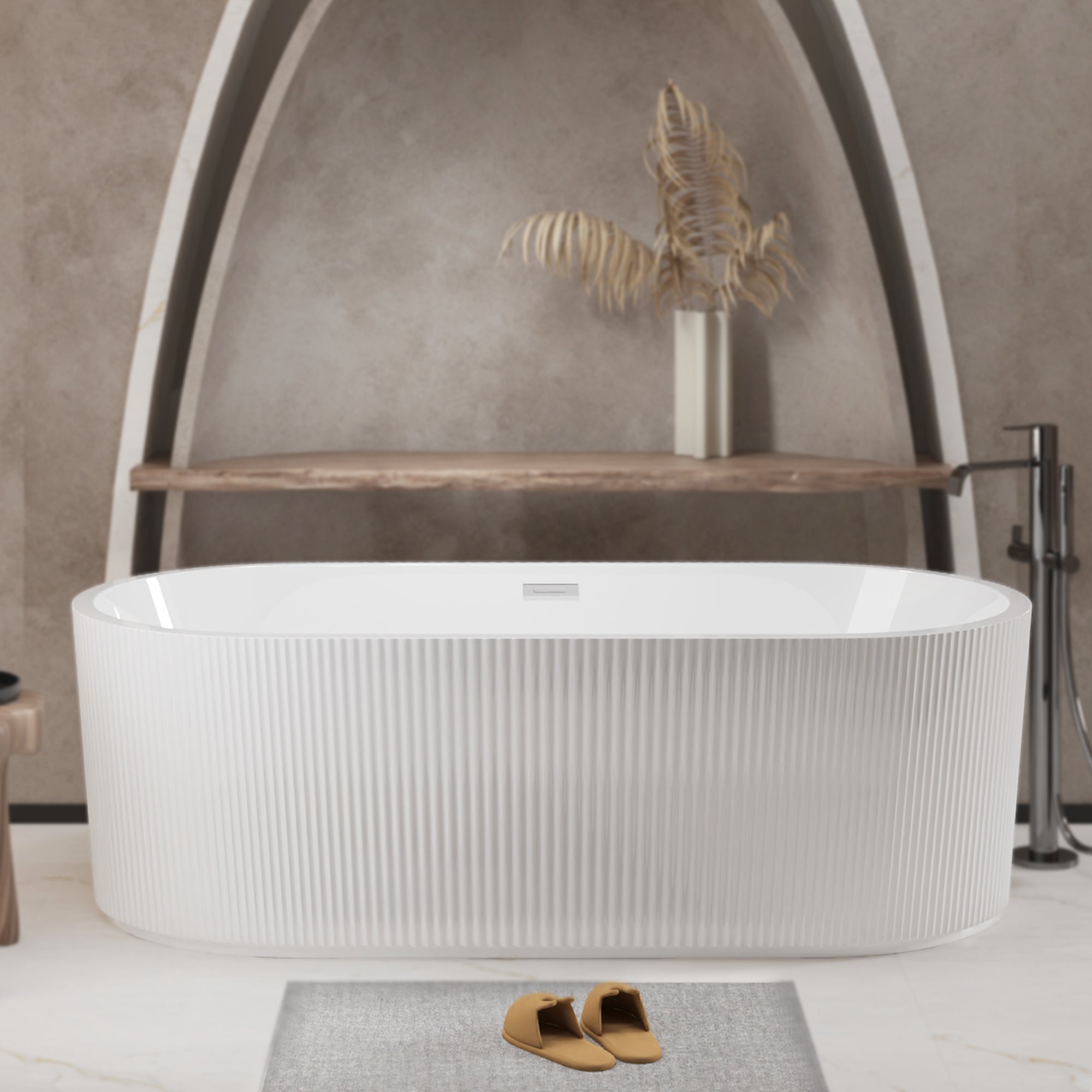 59-inch freestanding acrylic soaker bathtub in glossy white, full front view