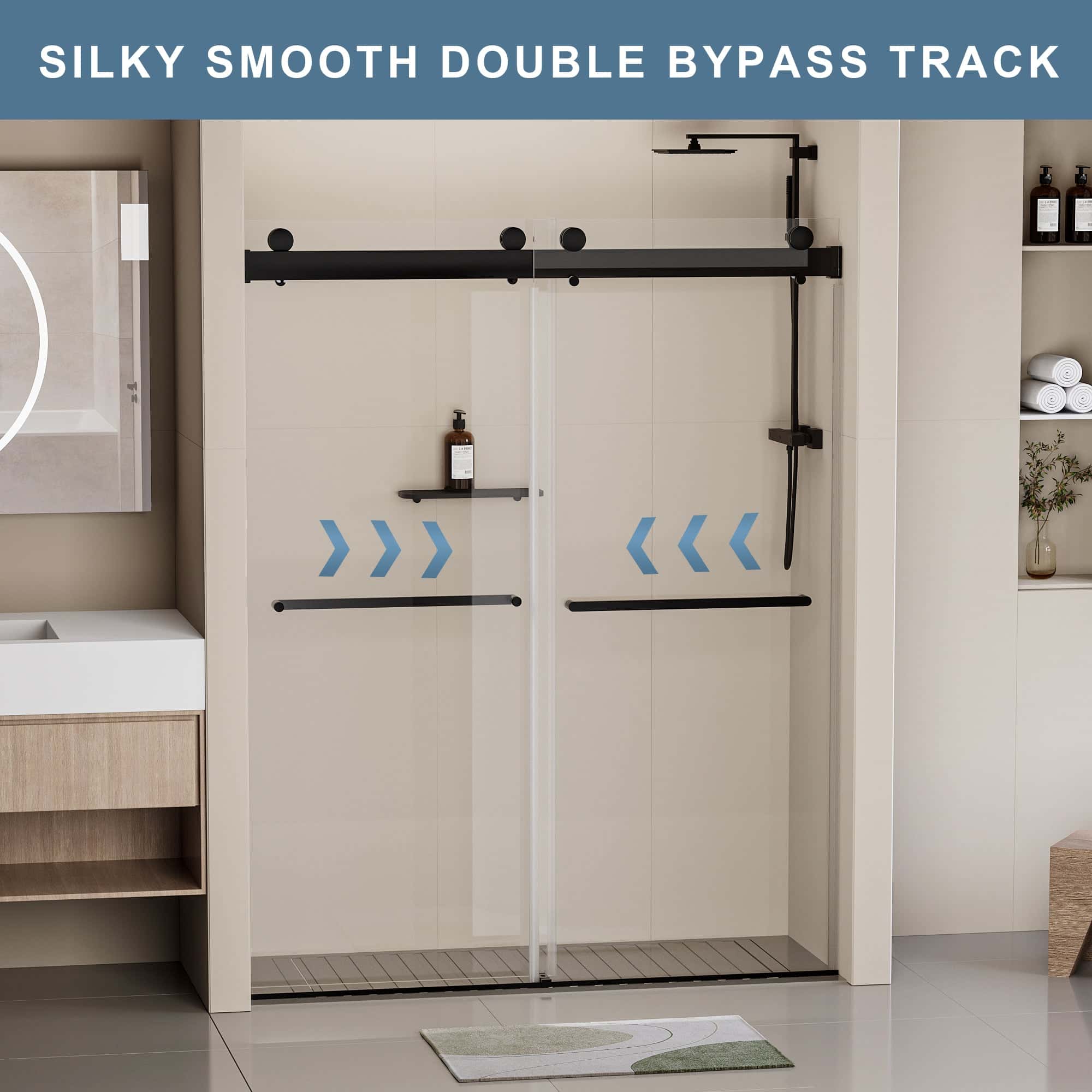 Frameless Soft-closing Shower Door, Double Sliding Shower Door, 44-48"W x 76"H 5/16" (8mm) Clear Tempered Glass Shower Door with Explosion-Proof Film, Matte Black 24D213-48MB
