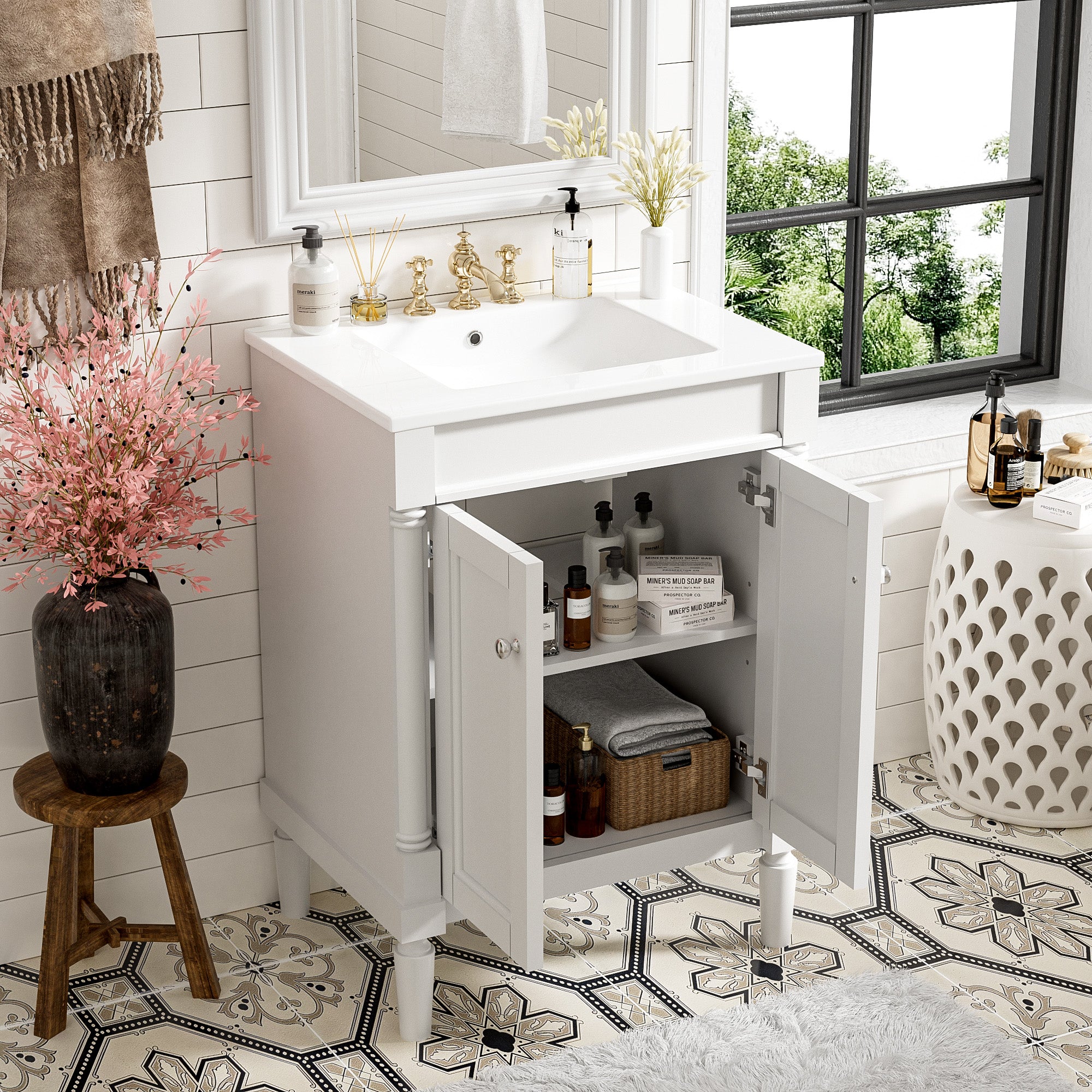 24 inch bathroom vanity large storage shelves detail view