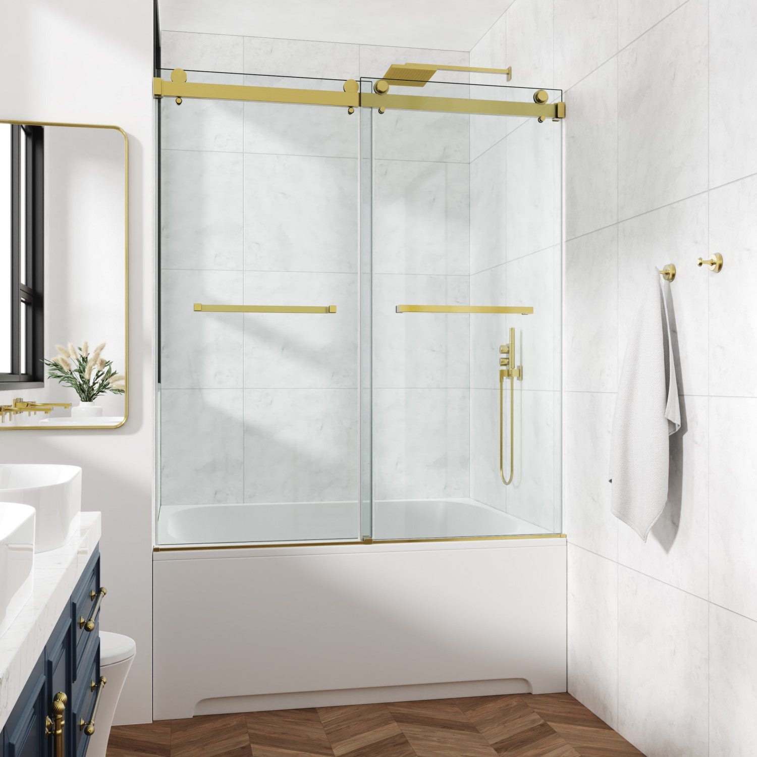 54 x 79 in Frameless Double Sliding Shower Door - 54 x 79 in / Brushed Gold / 3/8 in Glass view 10