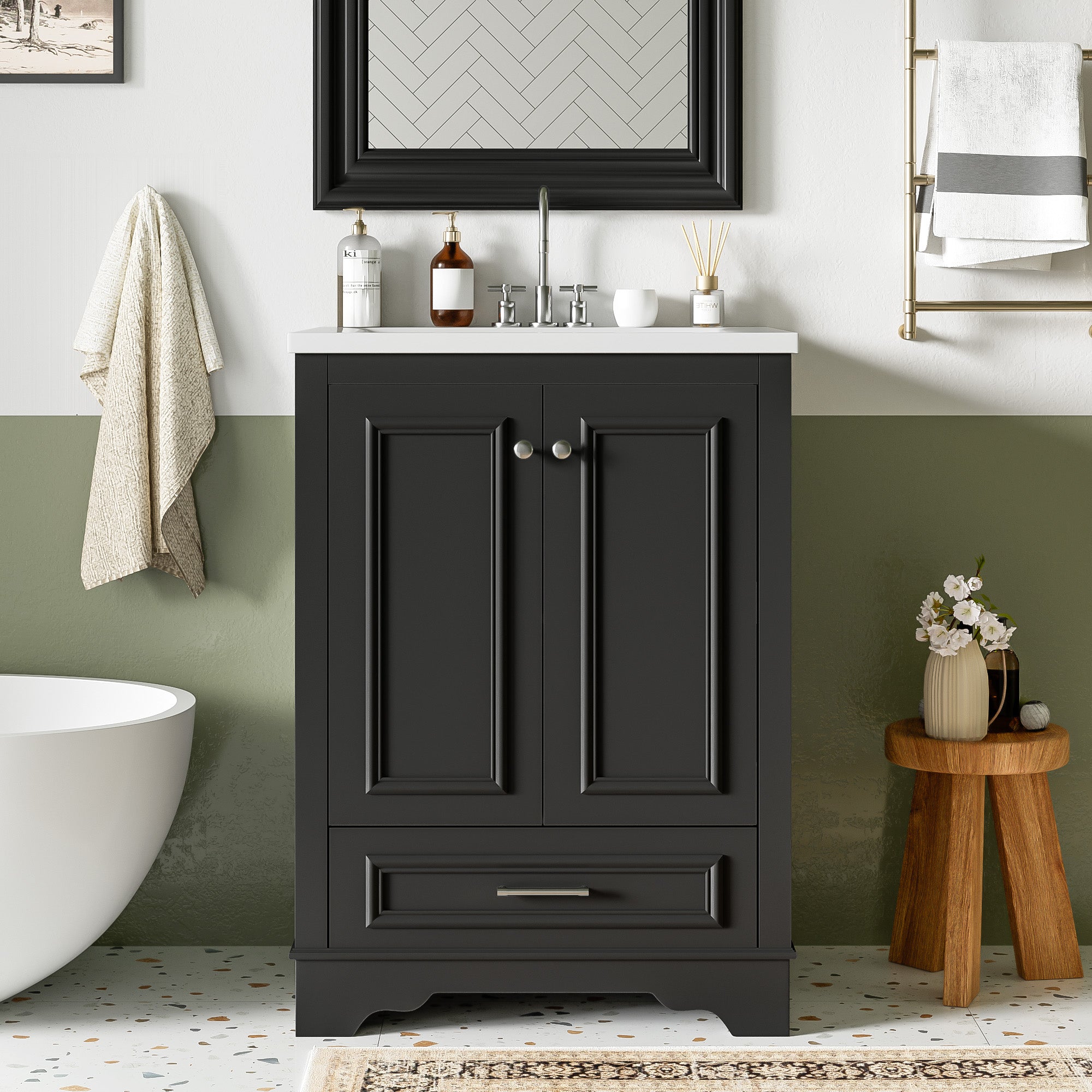 24 inch modern freestanding bathroom vanity with ceramic sink, front view