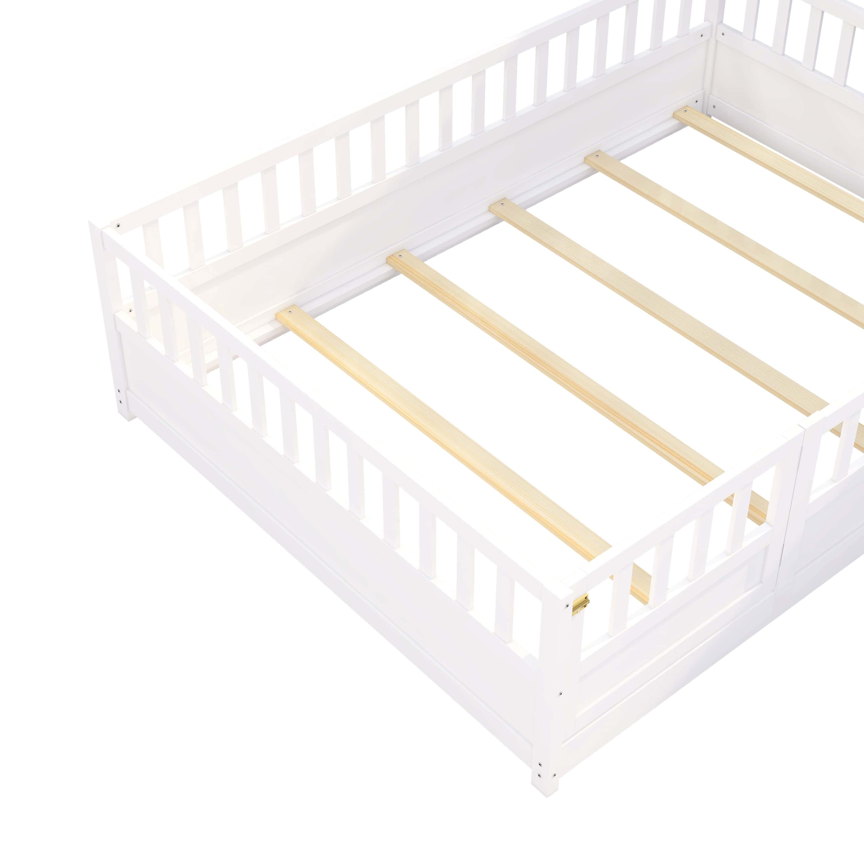 Full size Floor bed, integral construction with super high security barrier, door, children's floor bed frame, Montessori wooden children's floor bed, Support slat white