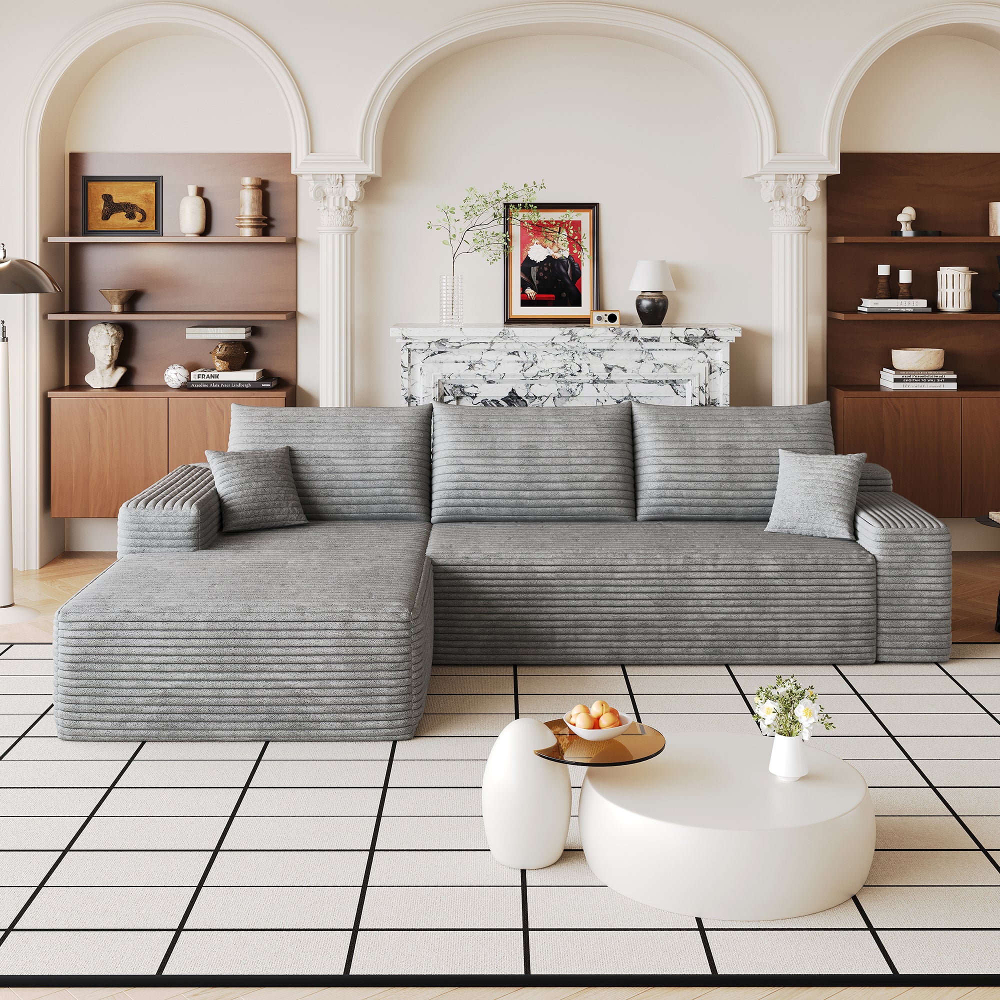 107-inch grey corduroy L-shape sectional sofa, full front view