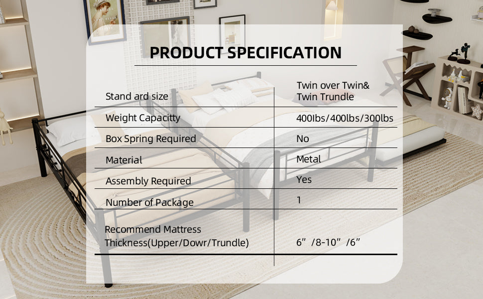 Twin triple bunk bed, black iron frame, angled view