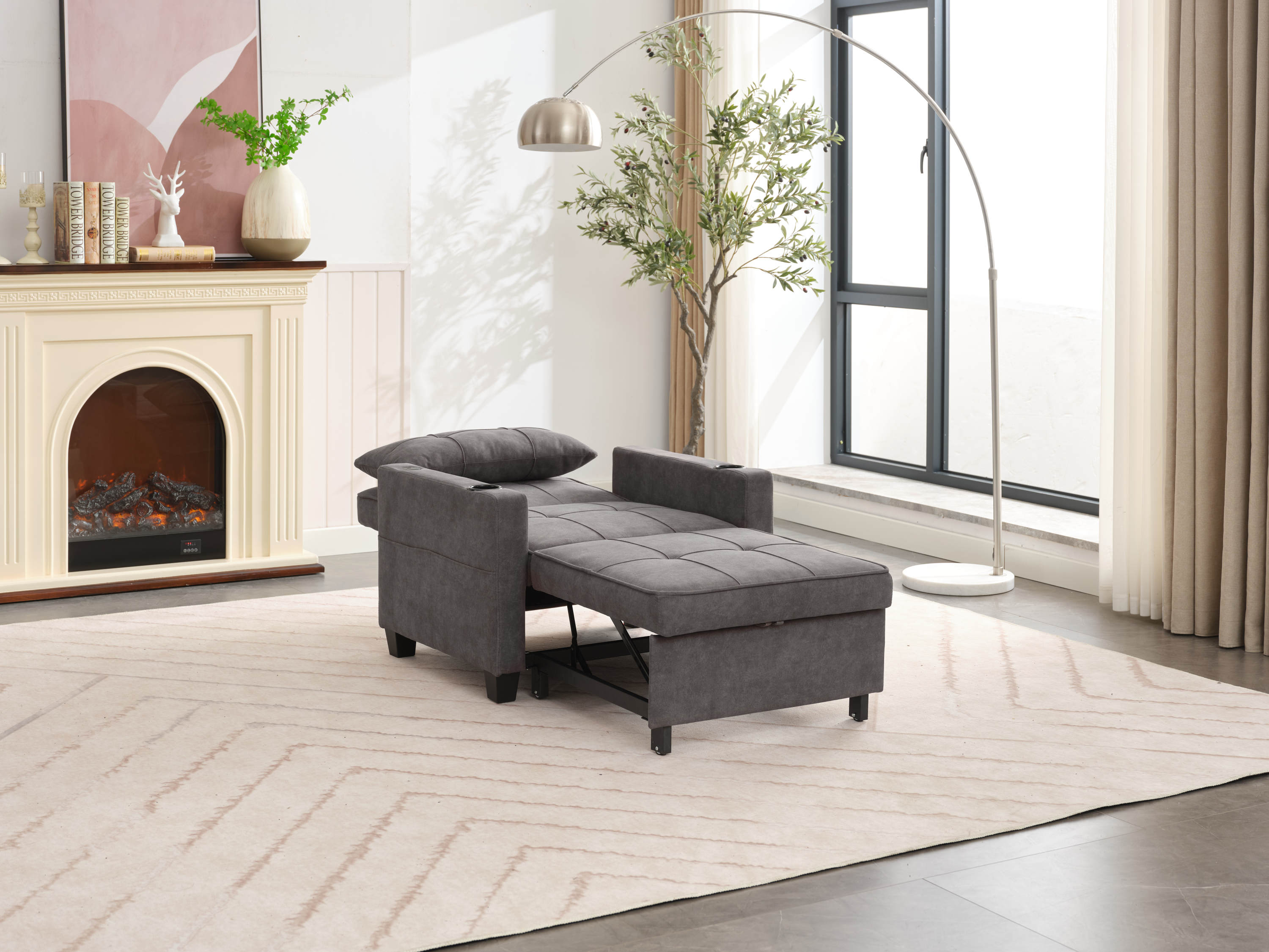 Futon Chair Bed Convertible Chair 3-in-1 Pull Out Sleeper Chair Beds with USB Ports,Wear-resistant and Anti-scratch, Armchair Bed Sleeper for Living Room (Dark Grey Scratch Cloth)