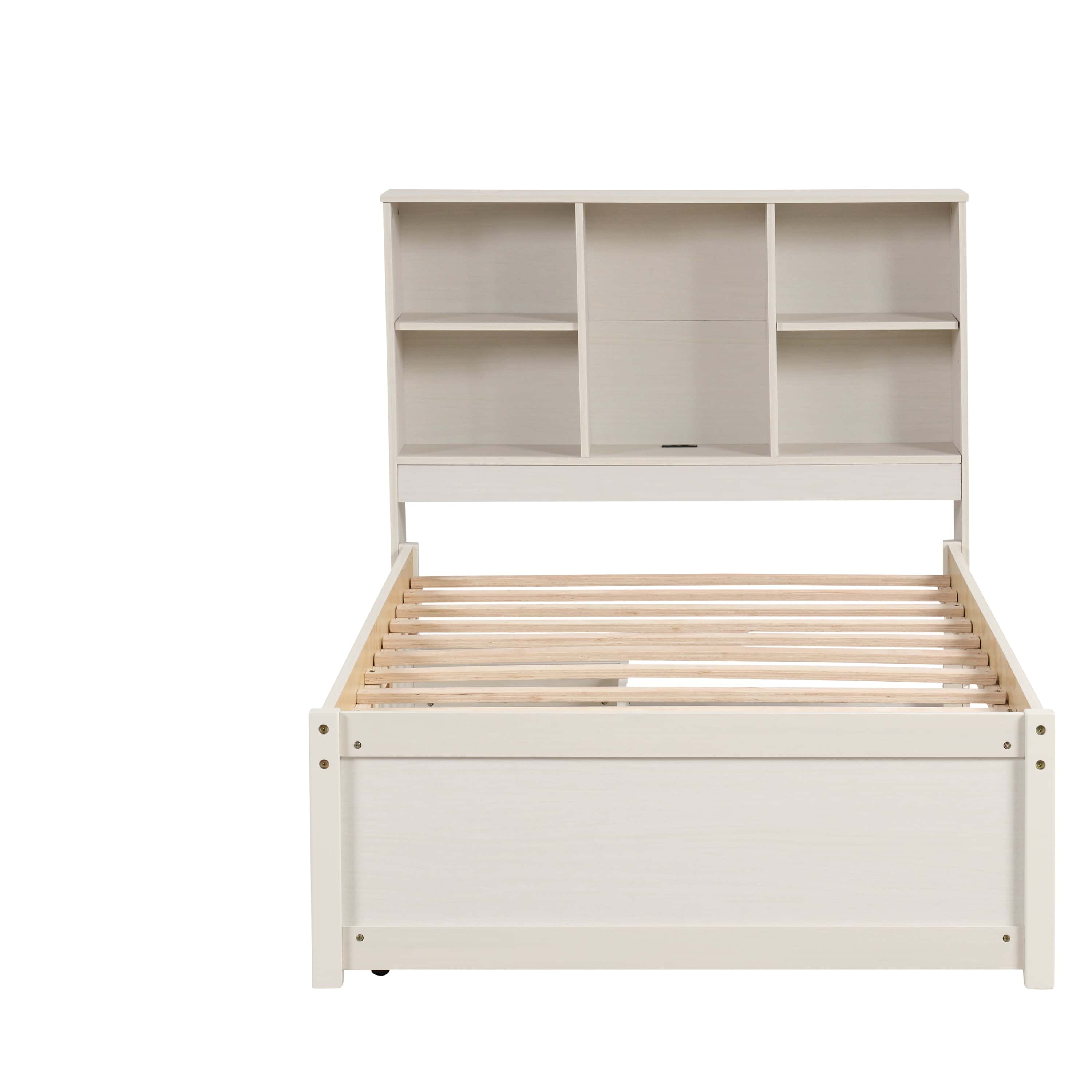 Modern Twin Size Bed Frame With Built-in USB Port on Bookcase Headboard and 2 Drawers for White Washed Color