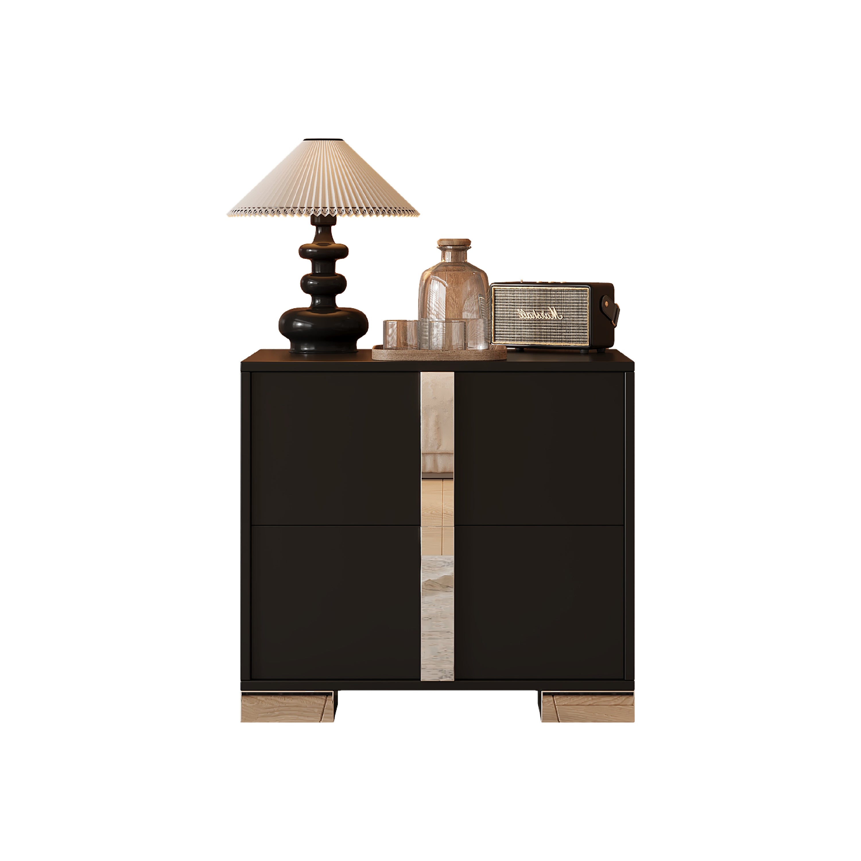Mirrored black bedside table with metal legs, side view