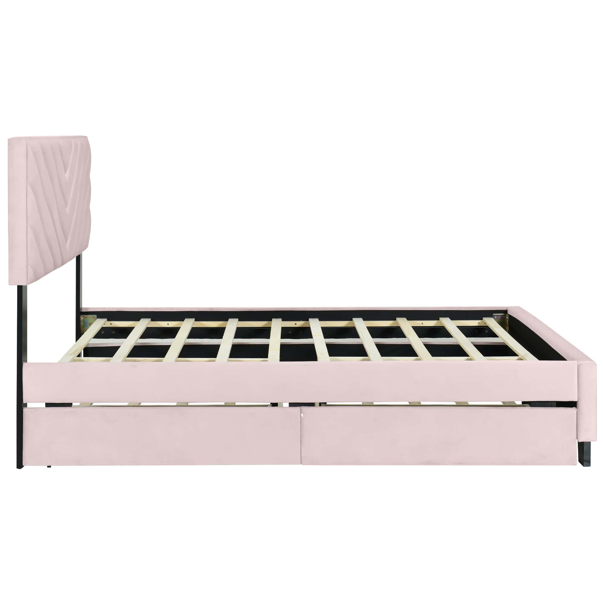Queen Size Upholstered Platform Bed with Twill Headboard, Pullout Bed and Two Drawers, Flannel,Pink