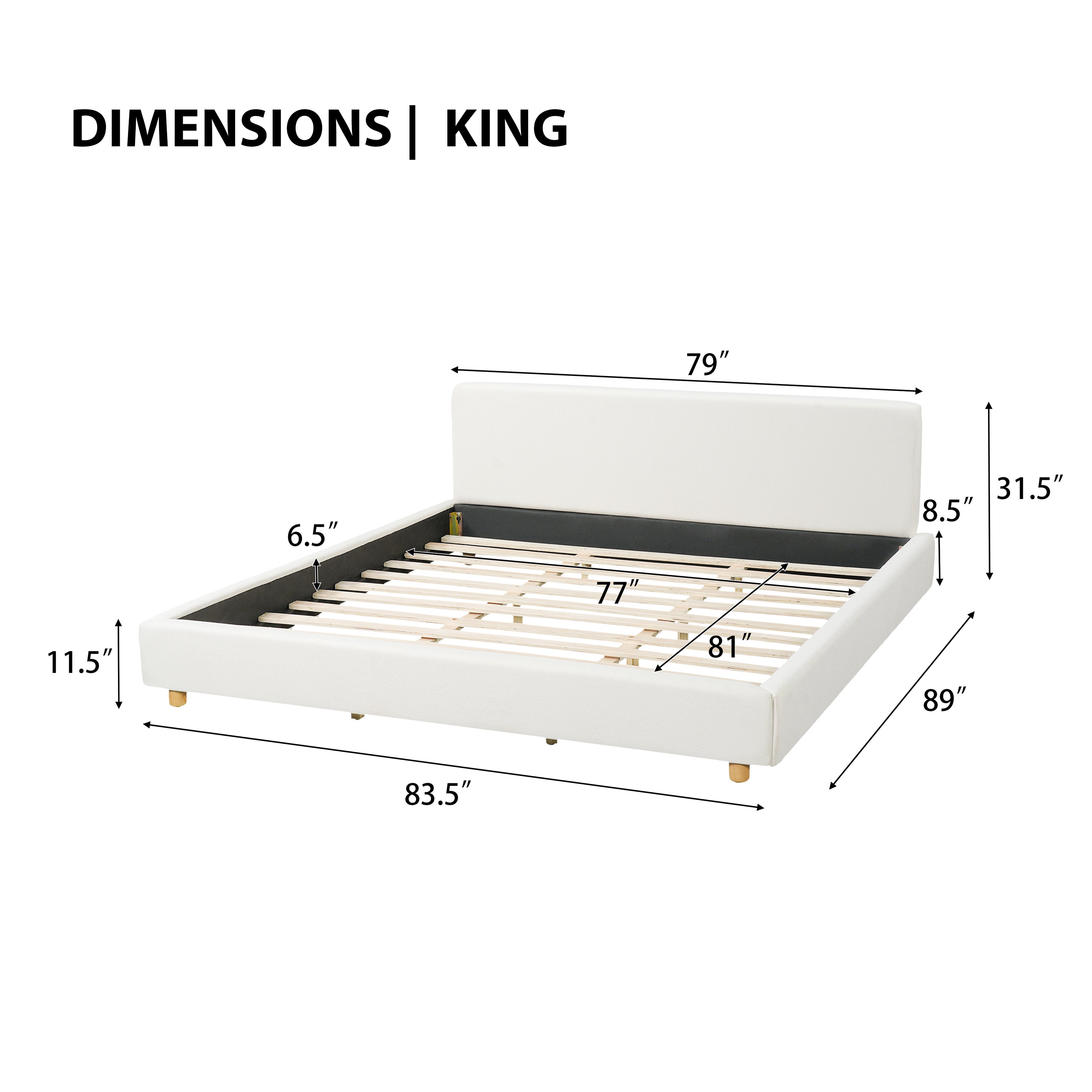 King white boucle platform bed, wood slat support detail with no box spring