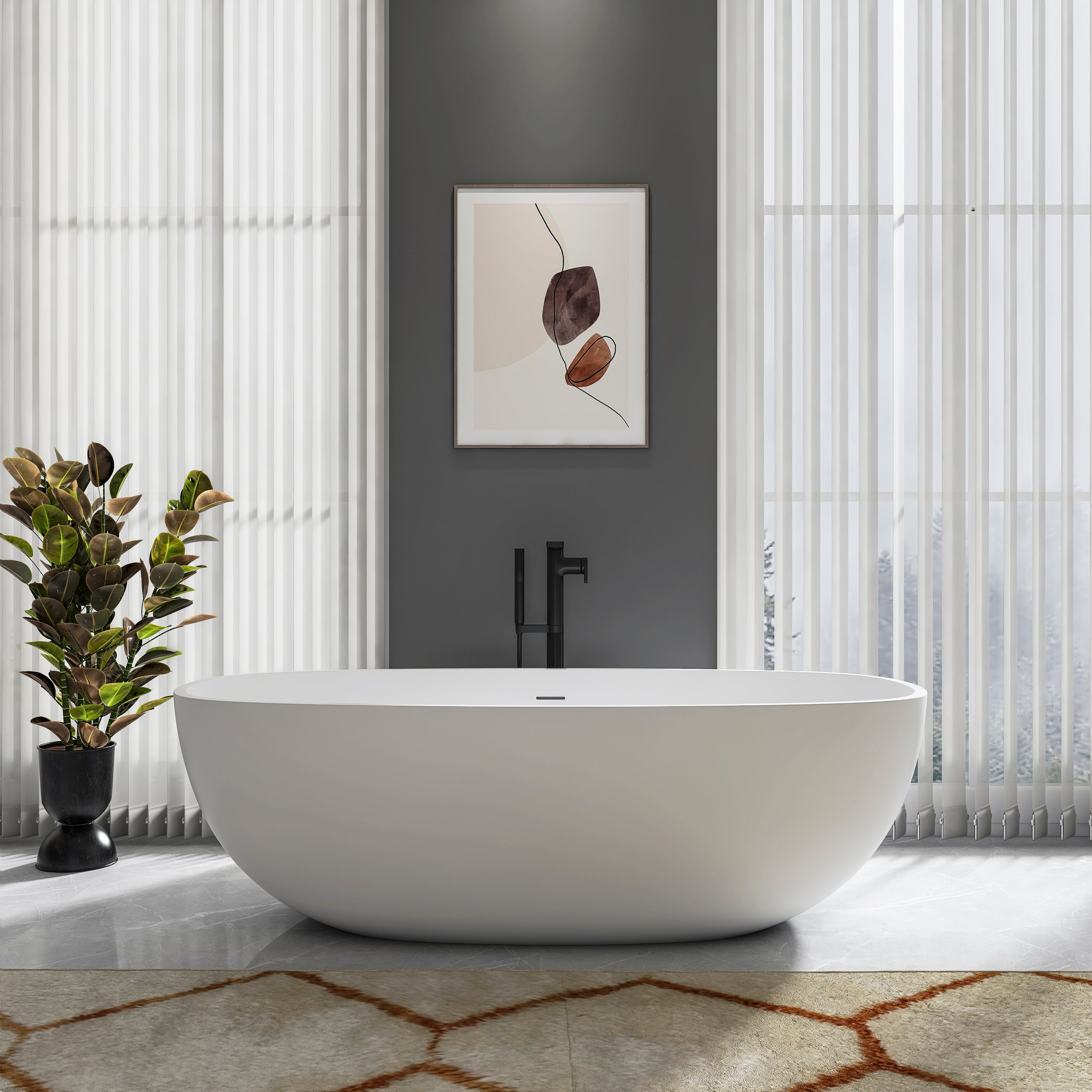 71 inch solid surface freestanding soaking bathtub, white, full side view