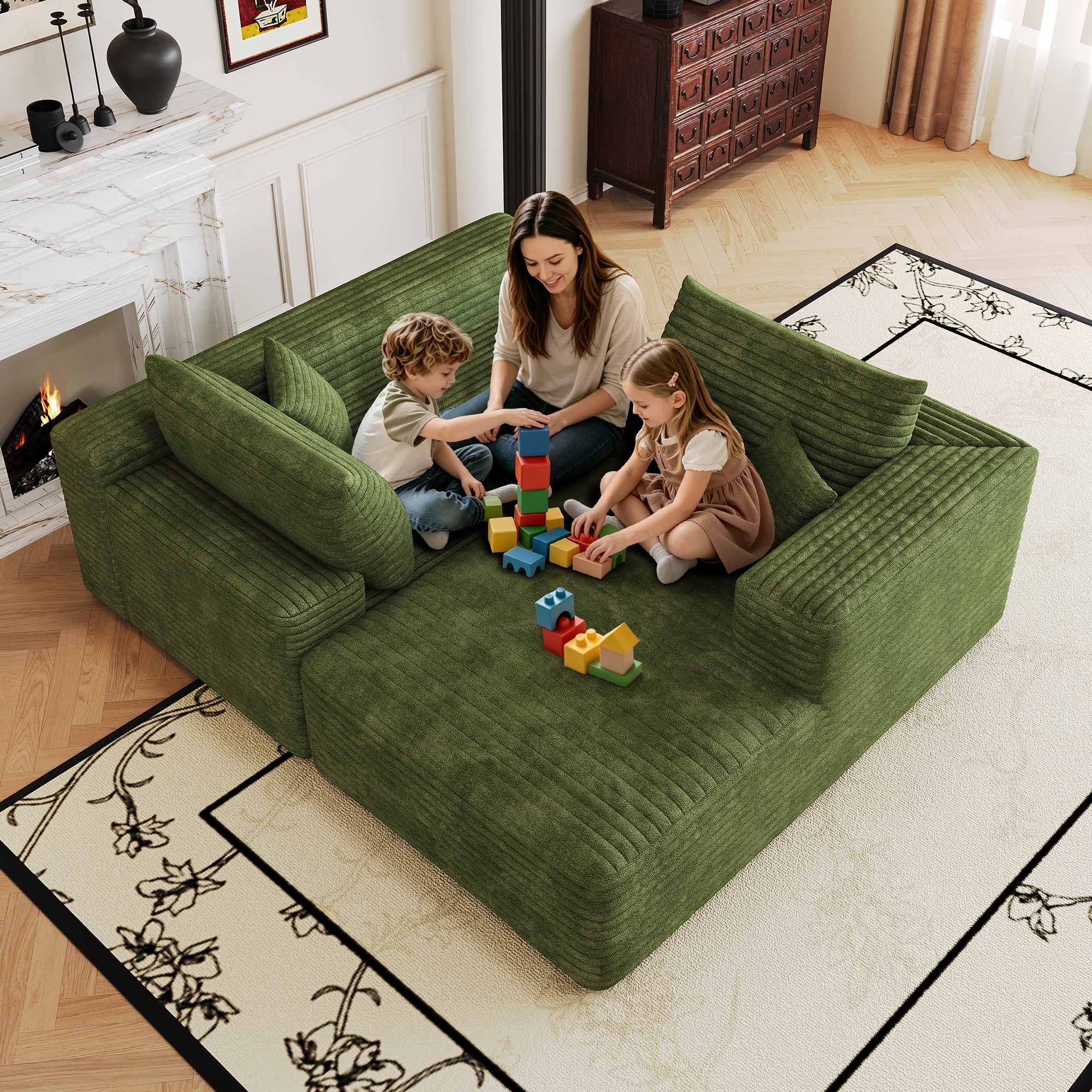 Green corduroy sectional sofa, modern minimalist living room view