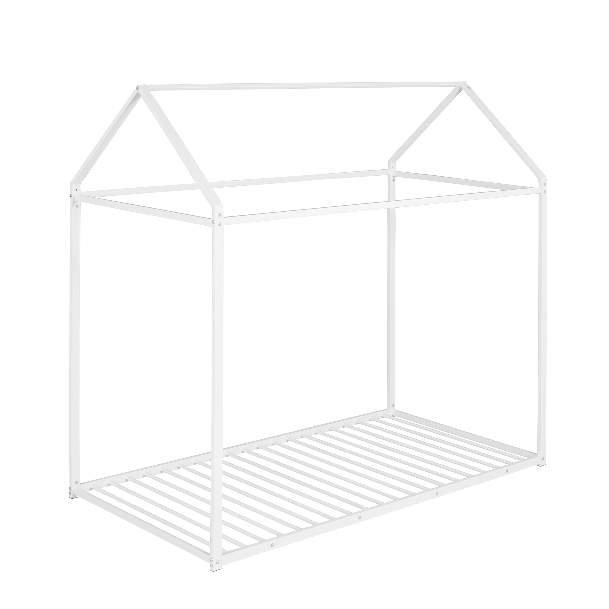 House Bed Frame Twin Size , Kids Bed Frame Metal Platform Bed Floor Bed for Kids Boys Girls No Box Spring Needed White