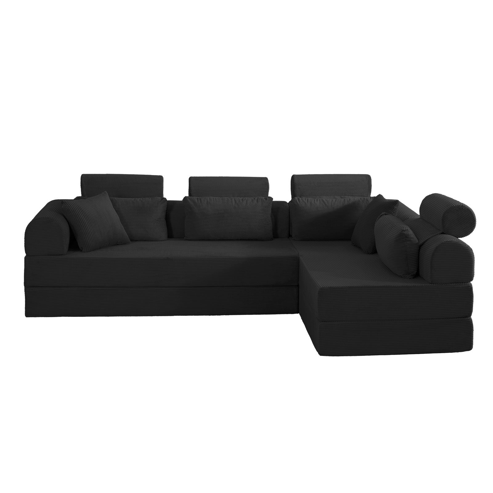 Black corduroy sectional sleeper sofa, corner detail view