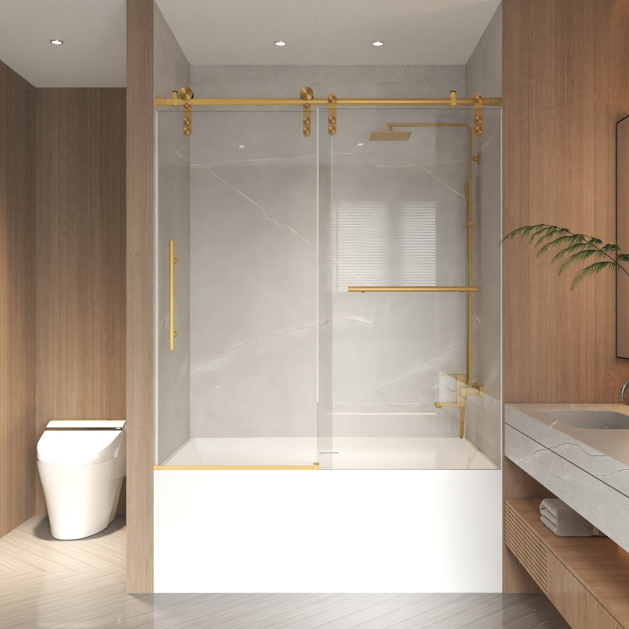 56-60 x 66 in Frameless Sliding Tub Door - 56-60 x 66 in / Brushed Gold view 1
