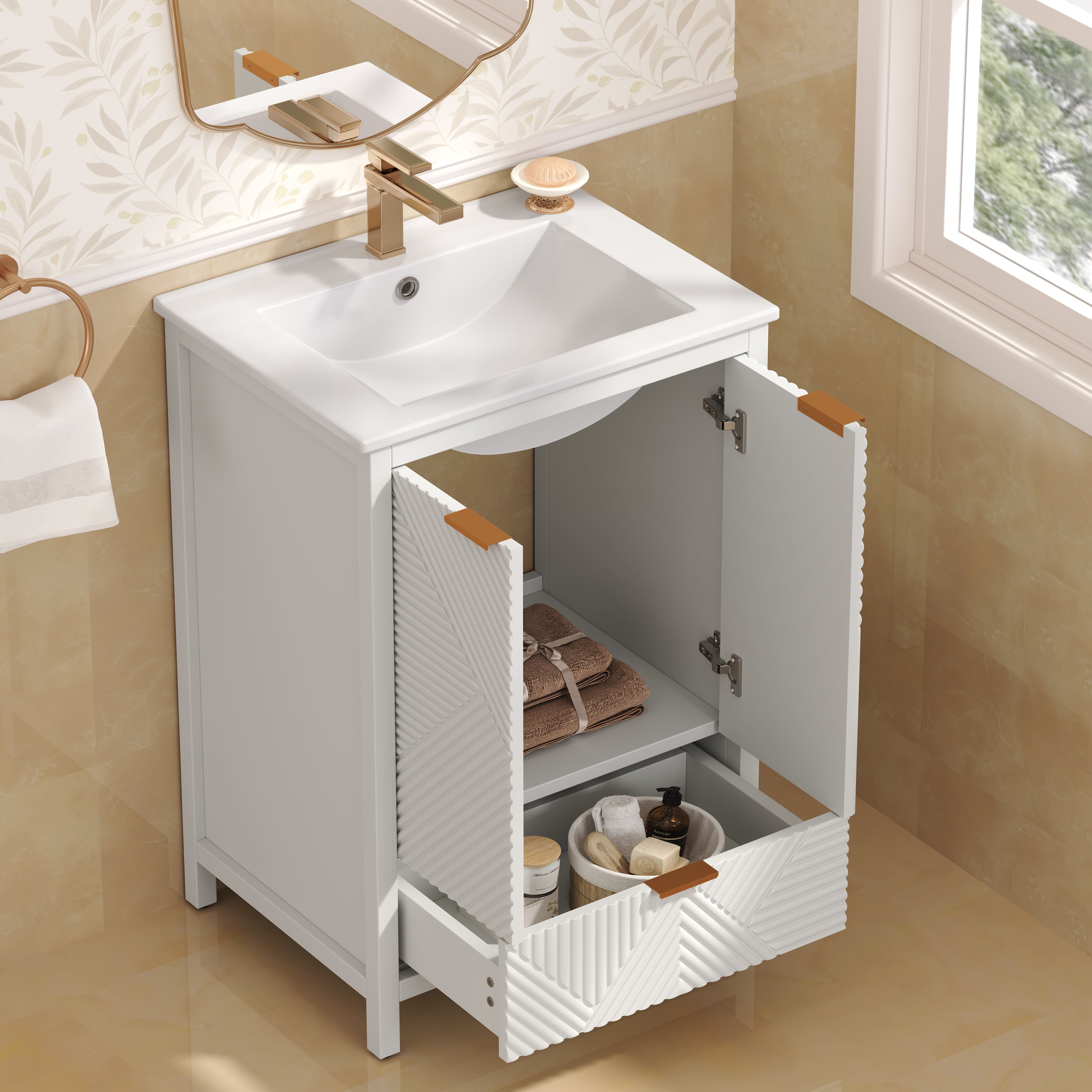 White bathroom vanity open cabinet showing large storage space