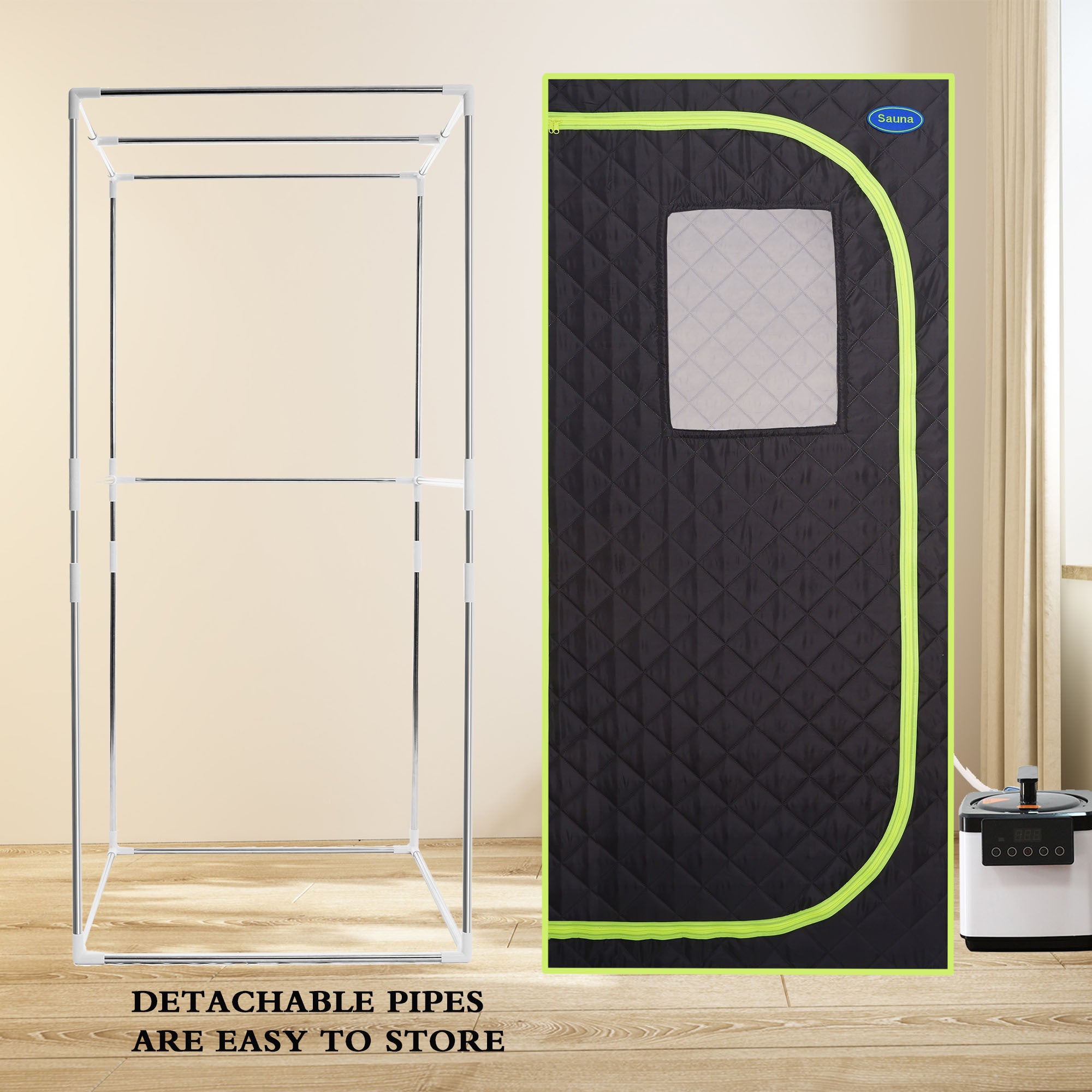 Portable Plus Type Full Size Steam Sauna tent. Spa, Detox ,Therapy and Relaxation at home.Larger Space,Stainless Steel Pipes Connector Easy to Install, with FCC Certification--Black(Green binding)