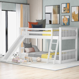 Twin over twin bunk bed with slide and ladder in white, full front view