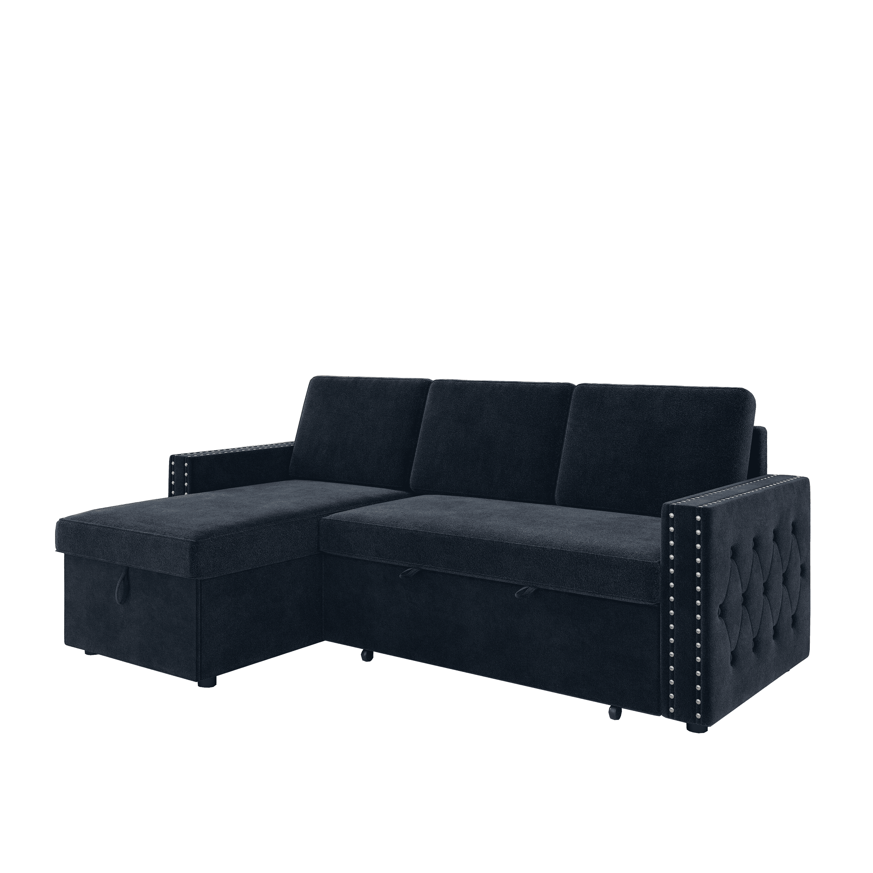85 Inches Sofa Bed, 3 Seater Sleeper Sofa with Storage Chaise, Square Handrail With Pull and Copper nail,Chenille, Pull Out Couch for Living Room