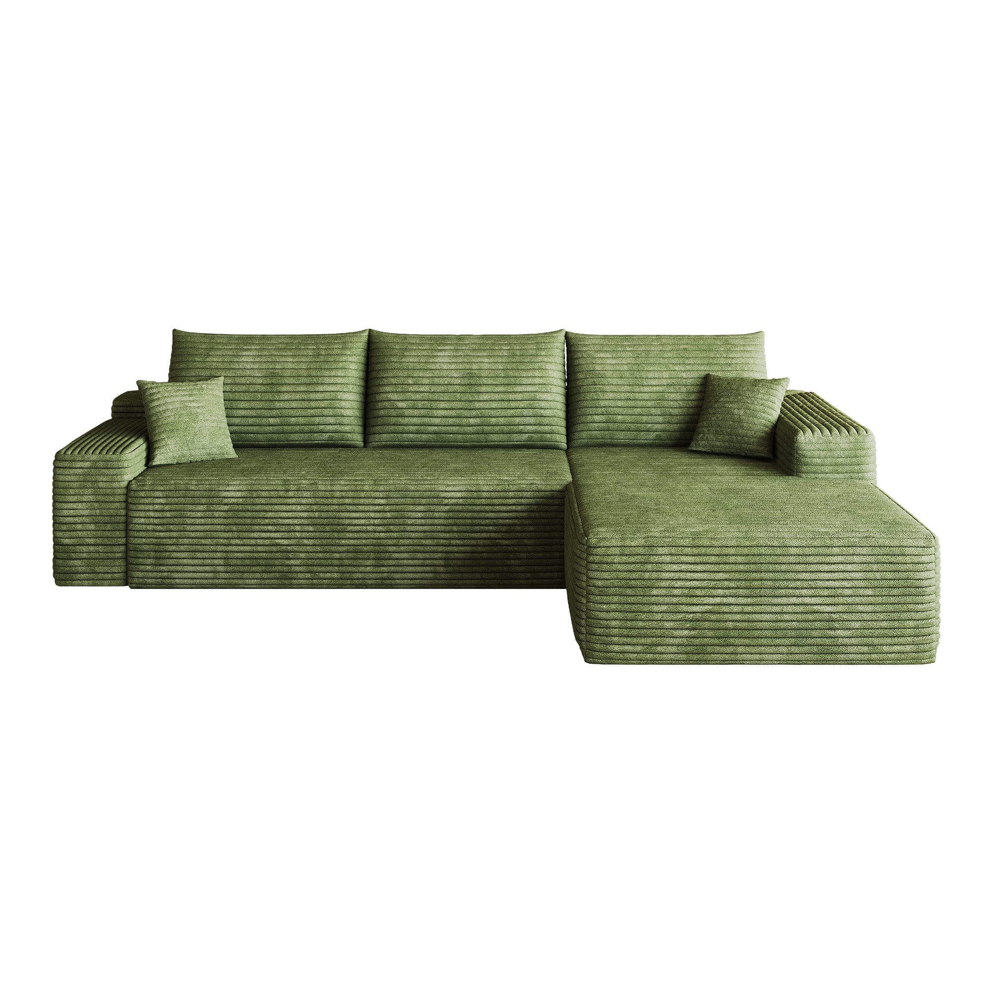 Green corduroy L-shape sectional sofa 107 inch, chaise close-up view