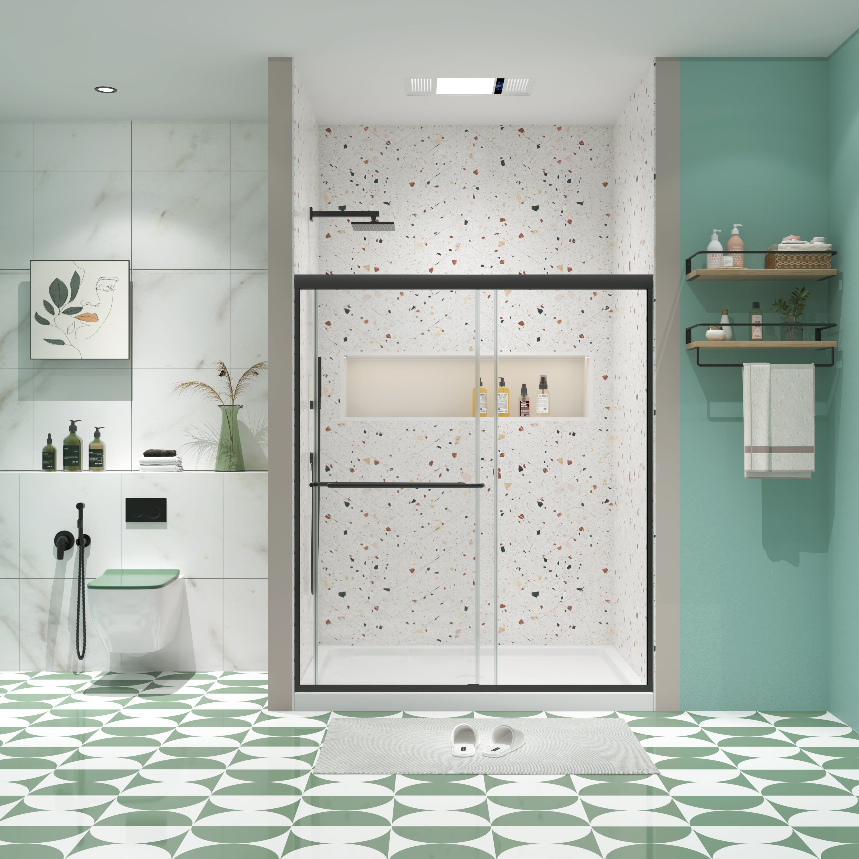 Matte black bypass shower door installed bathroom view