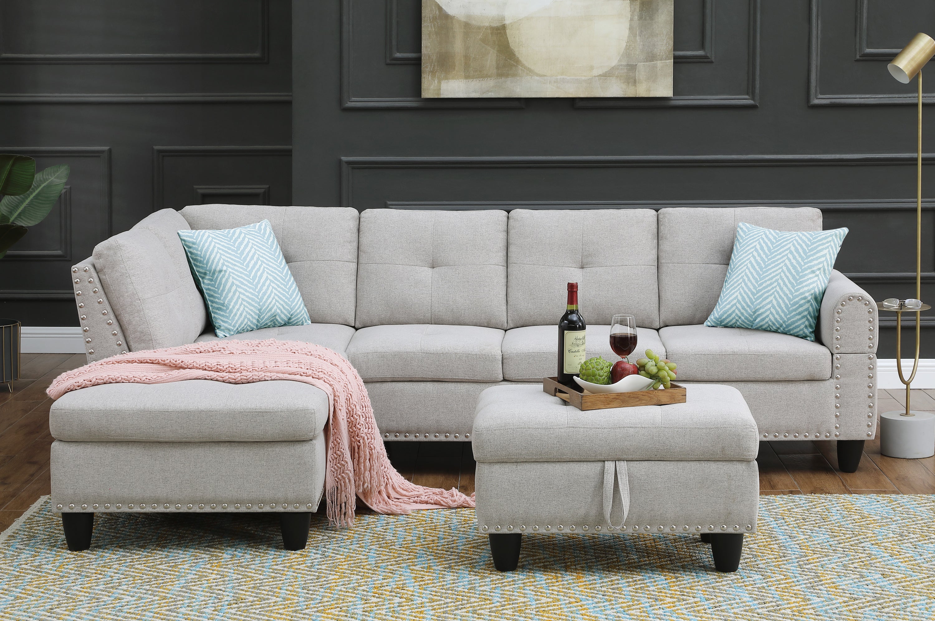 Alger 98" Wide Left Hand Facing Sofa & Chaise with Ottoman