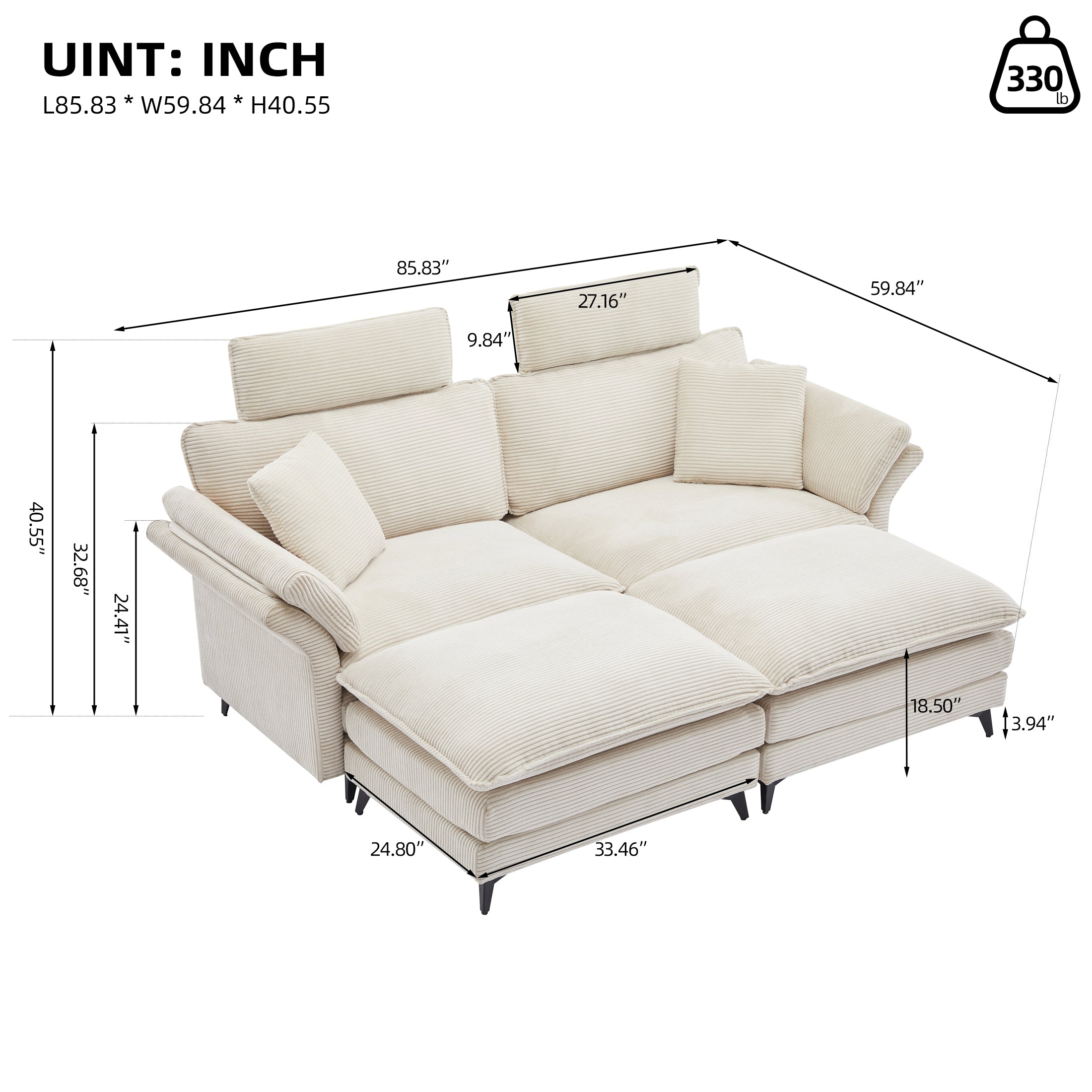 Deep Seat Sectional Sofa, Comfortable Cloud Sofa with Ottomans, loveseat or 4-seater Sofa, 85.8''Modern Corduroy Upholstered Sectional Sofa for Living Room, Apartment, Studio, Office (Beige).