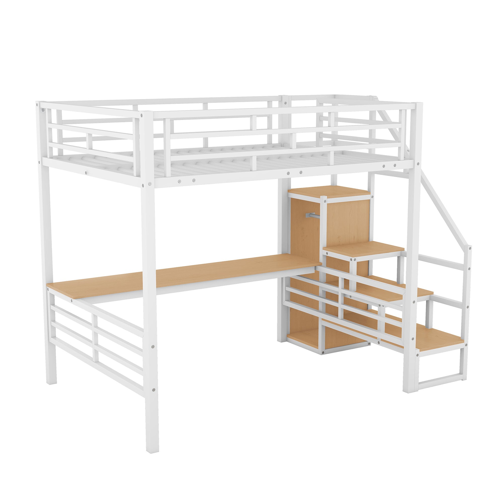 Full Size Metal Loft Bed with Desk, Storage Staircase and Small Wardrobe, Storage stairs can be installed left and right, White