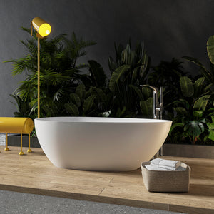 Freestanding egg shape solid surface bathtub 59 inch white front view