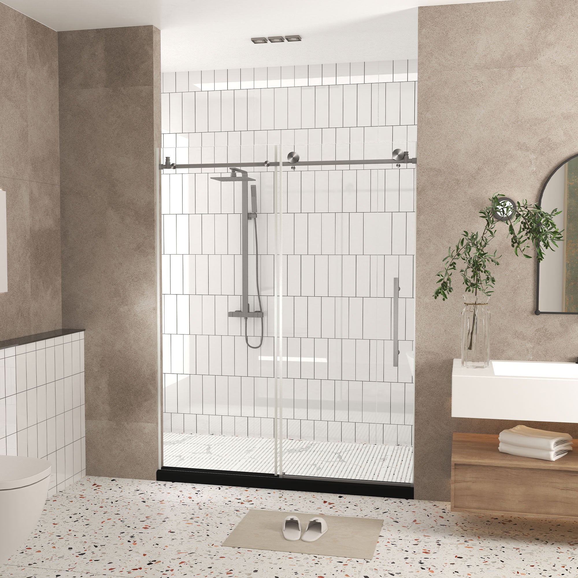 Frameless shower door 56-60 inch brushed nickel angled view