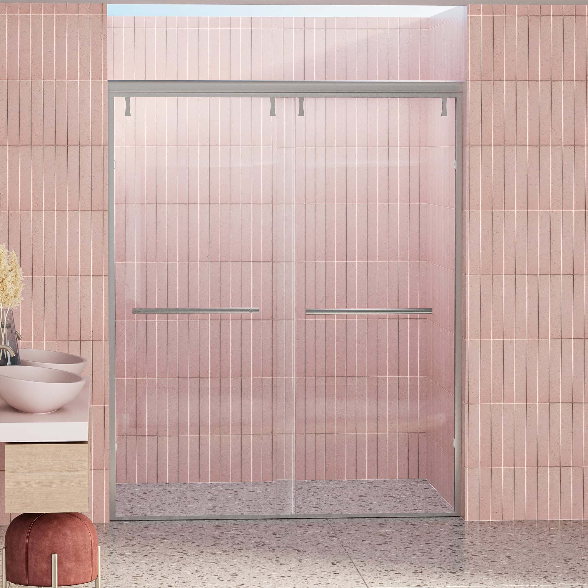 (44 - 48"W x 72"H), (56 - 60"W x 72"H) Semi-Frameless Shower Door, Double Sliding Shower Door, 1/4" (6mm) Clear Tempered Glass Shower Door with Explosion-Proof Film, Chrome