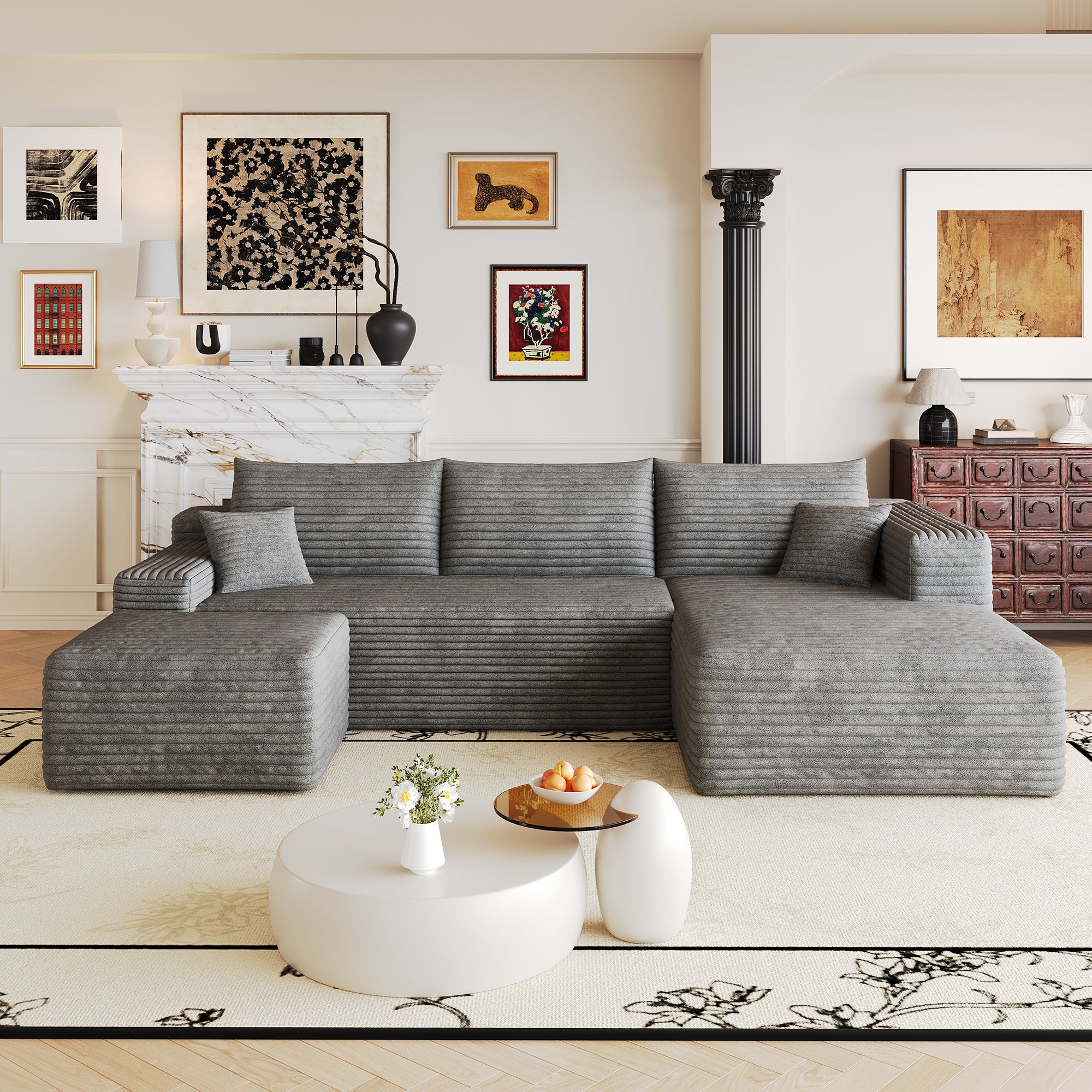 Modern minimalist dark grey sectional sofa, cushion detail
