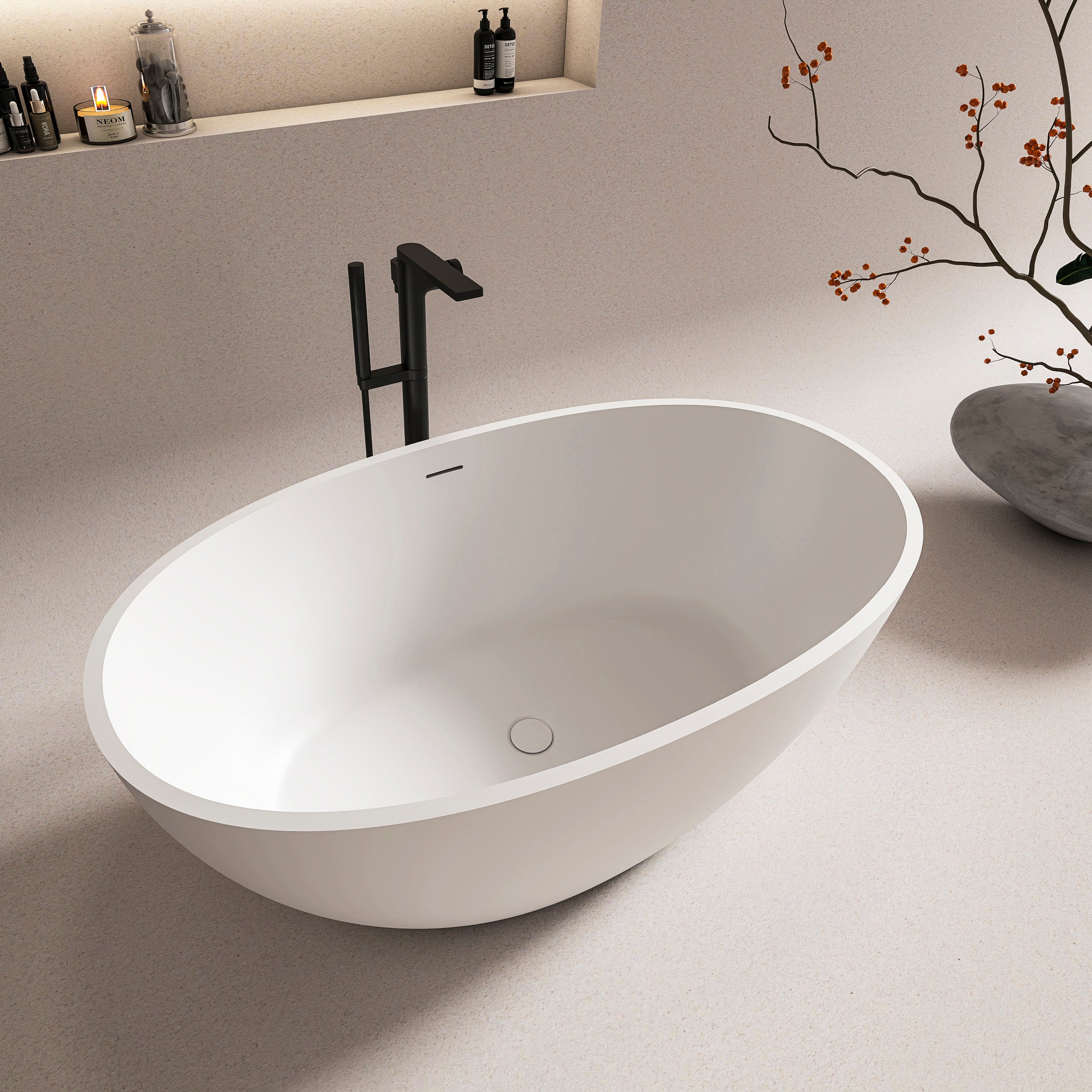 55-inch freestanding solid surface soaking bathtub, interior soaking well view