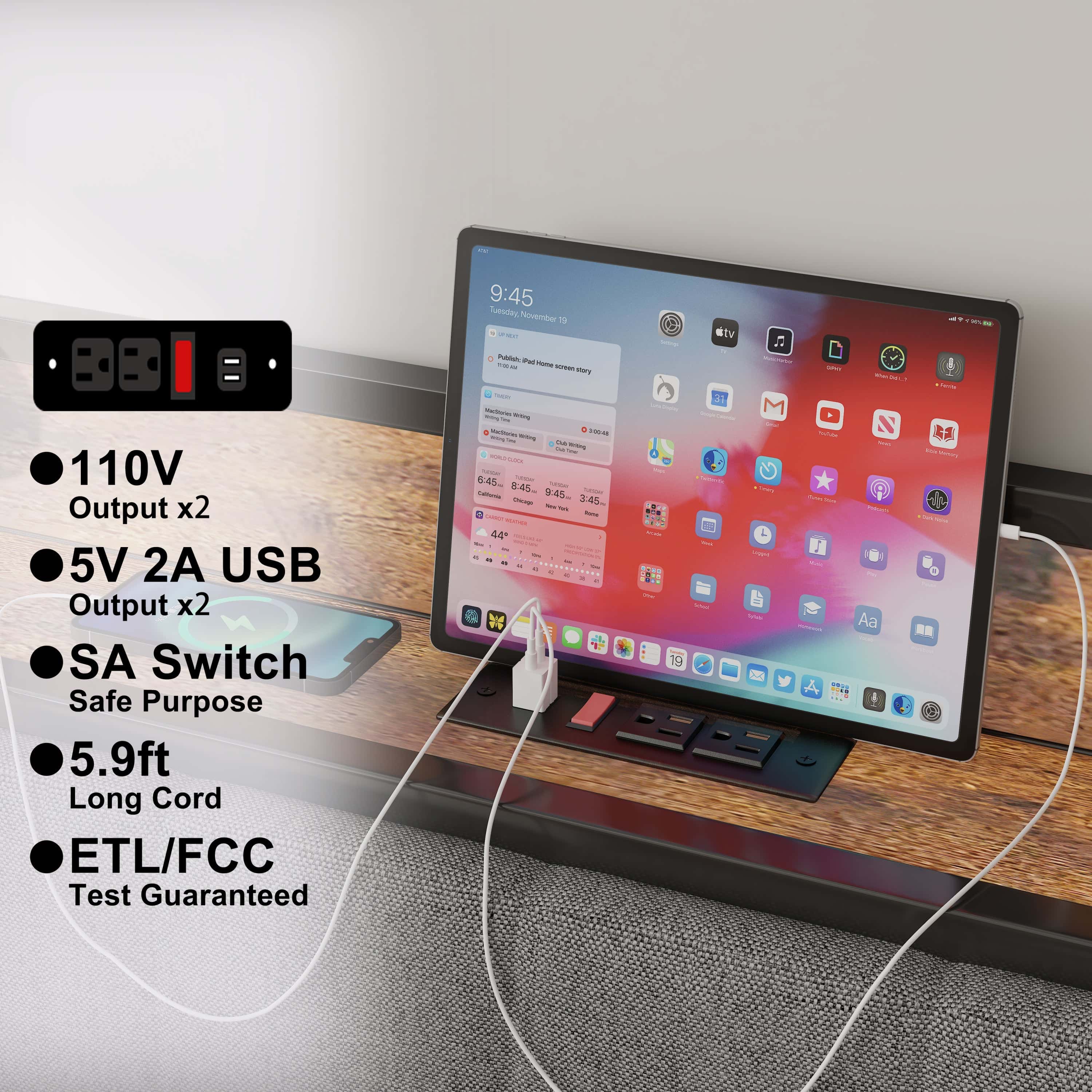 Queen Size Bed Frame with Charging Station, Upholstered Headboard, Metal Platform, Grey