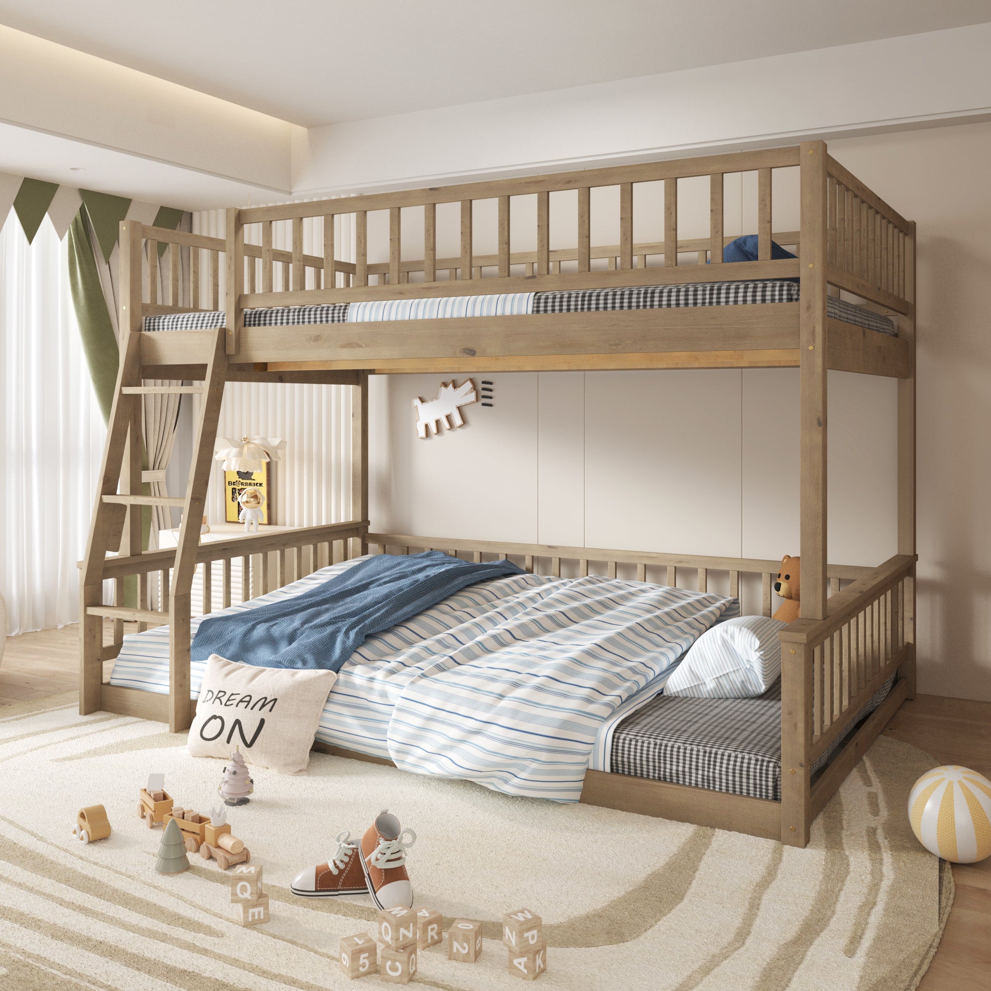 Walnut Full XL over Queen bunk bed angled view